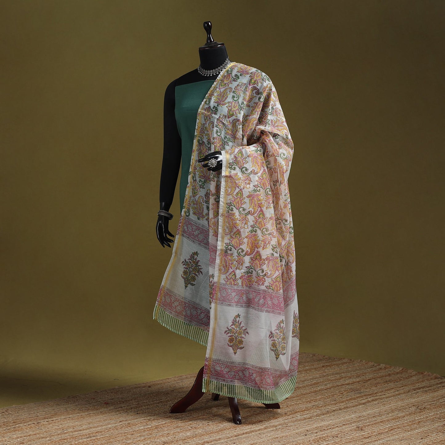 Hand chanderi silk sanganeri floral dupatta 39 - handcrafted