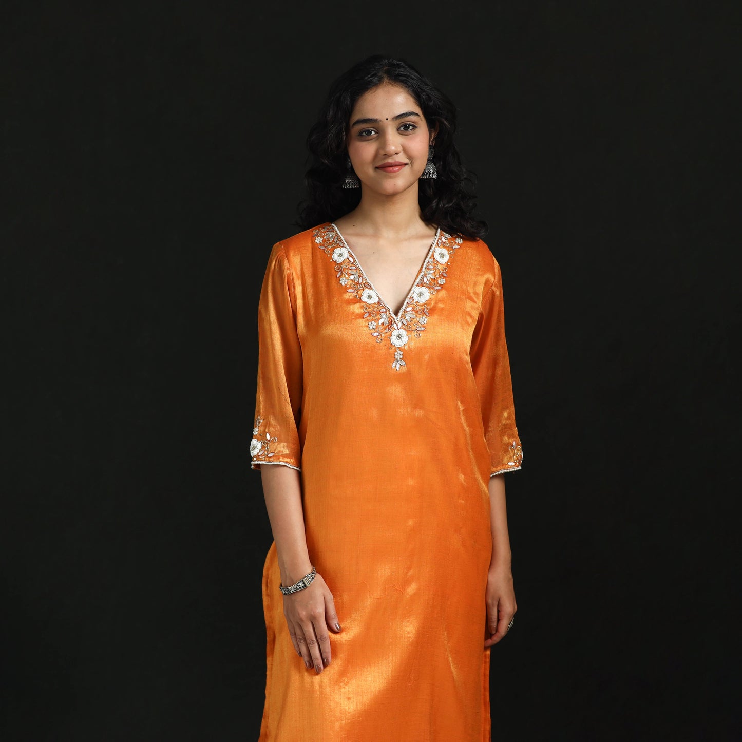Orange - hand embroidery fine tissue zari straight plain