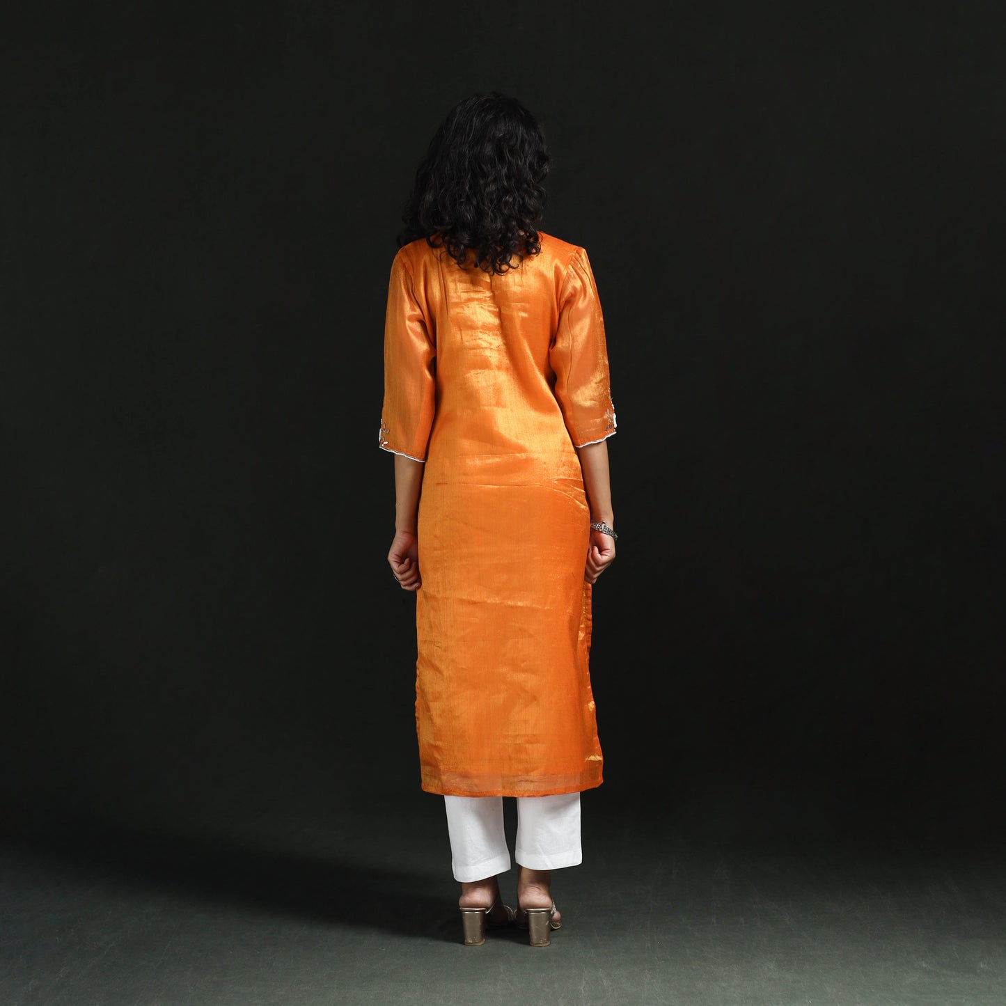 Orange - hand embroidery fine tissue zari straight plain