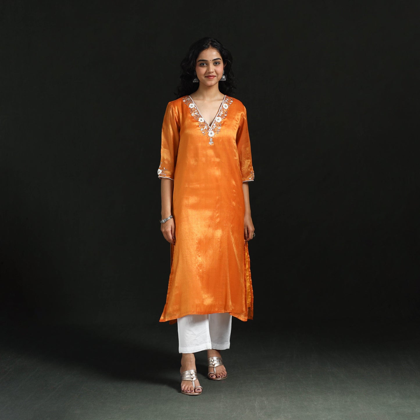 Orange - hand embroidery fine tissue zari straight plain
