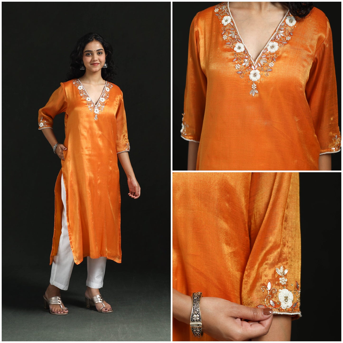 Orange - hand embroidery fine tissue zari straight plain
