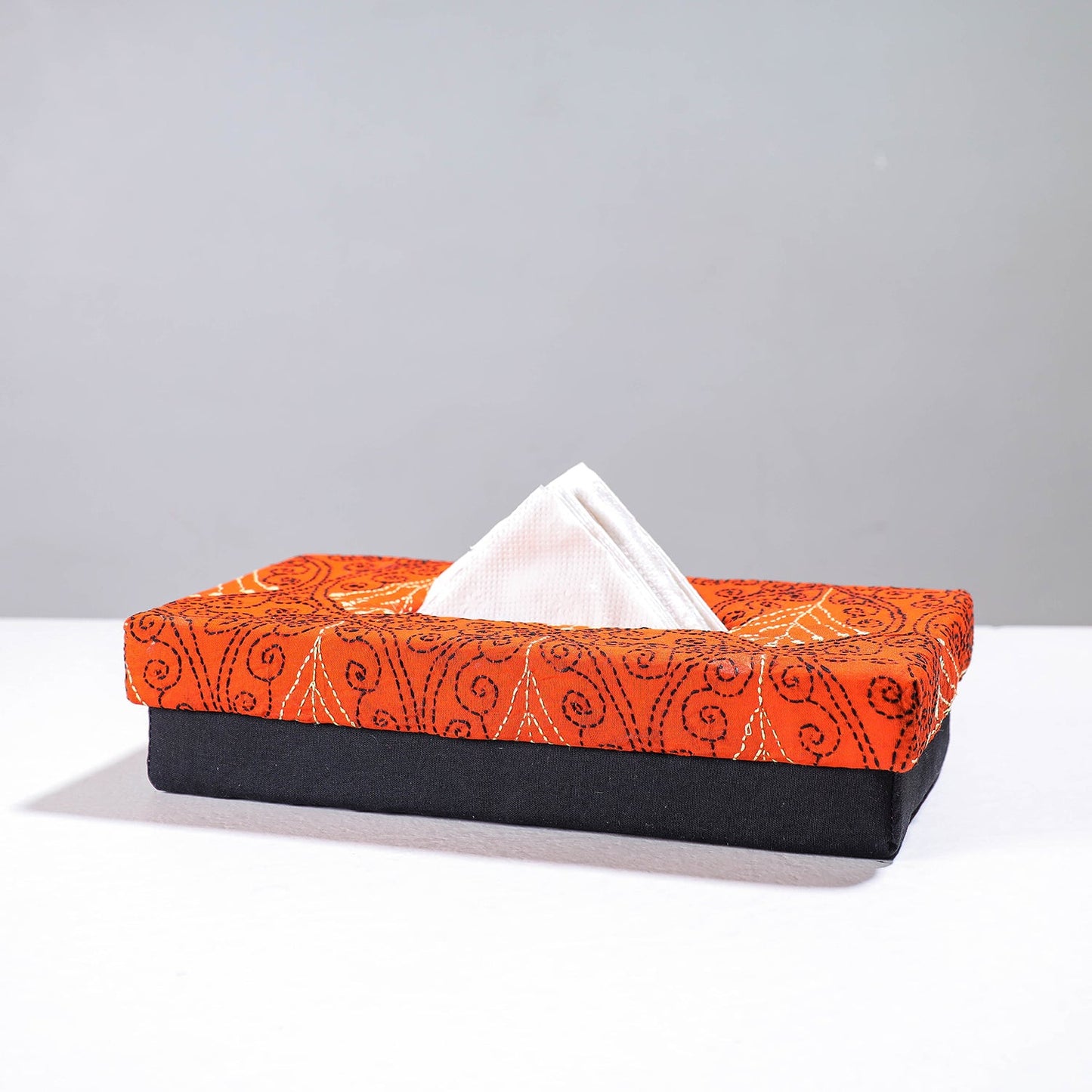 Orange Handcrafted Bengal Kantha Work Tissue Box