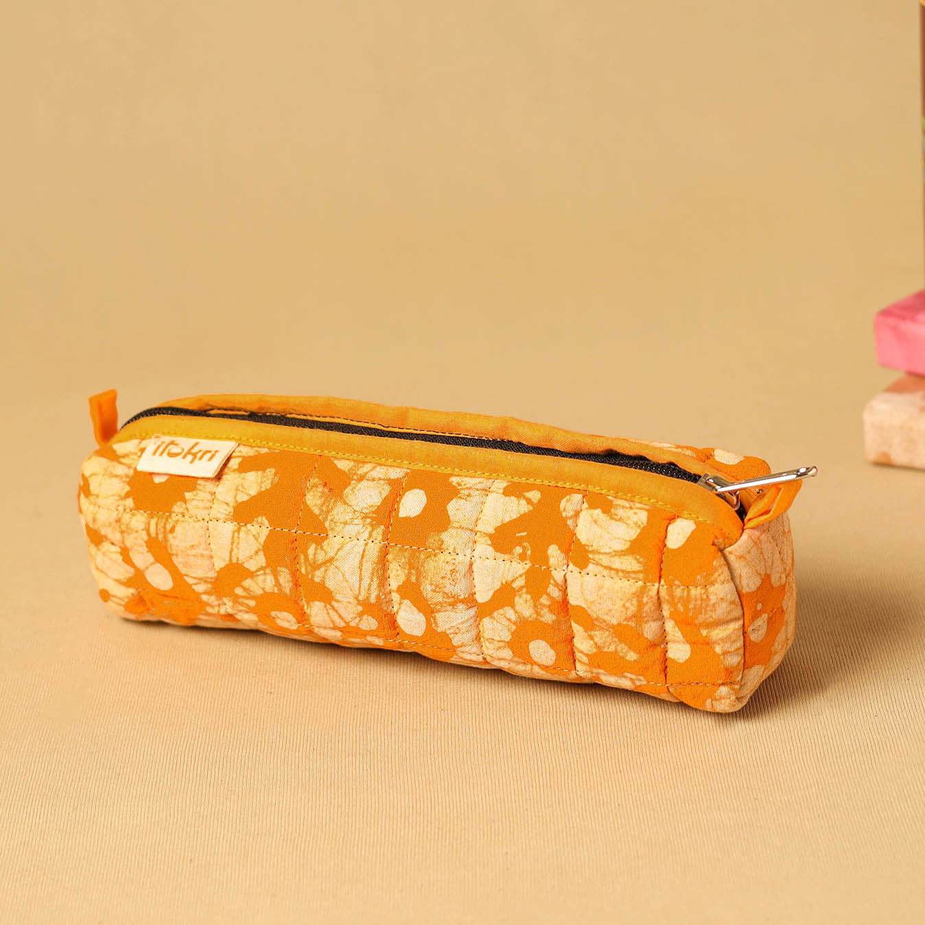 Orange - handcrafted cotton quilted pencil pouch 05