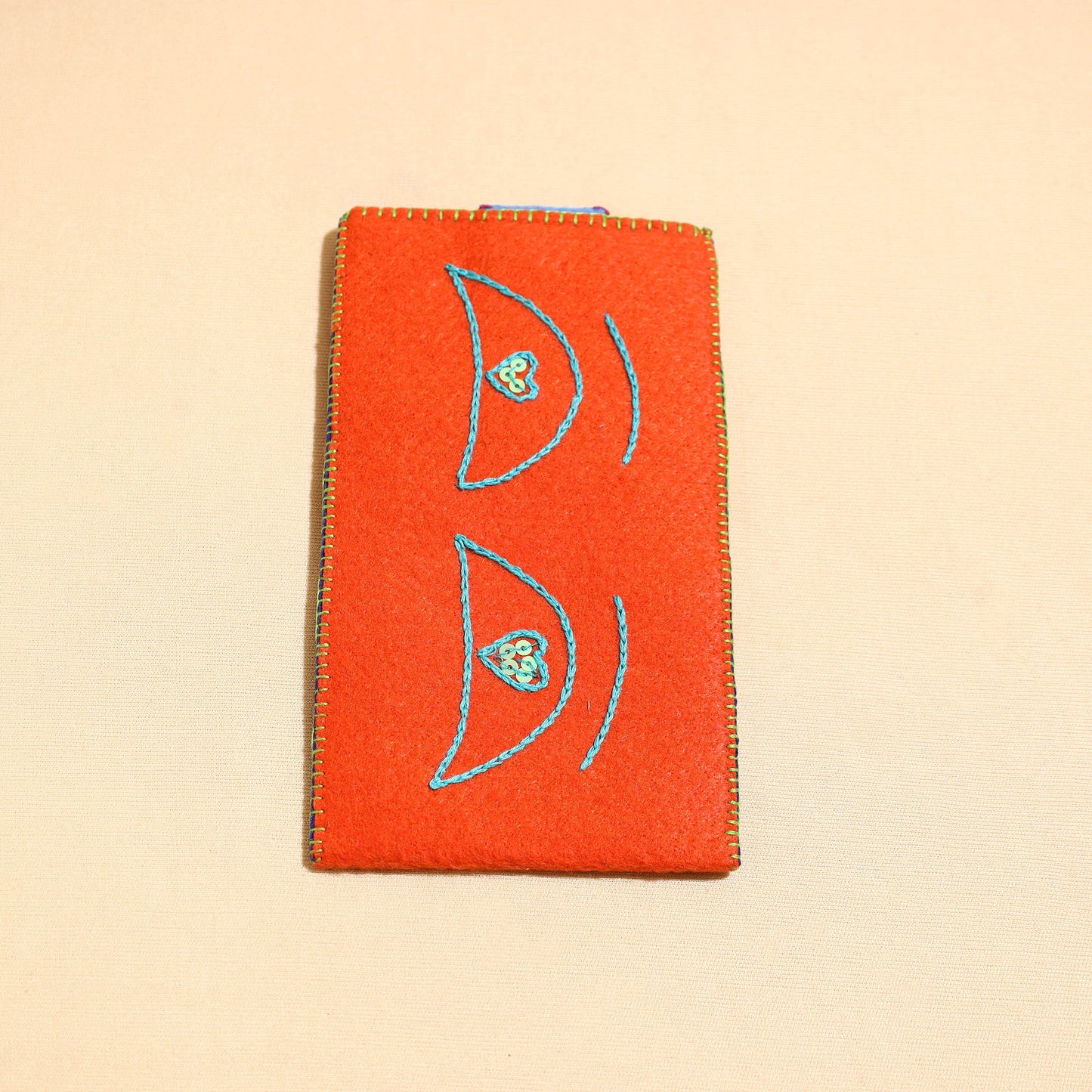 Orange Handcrafted Embroidered Felt Mobile Pouch