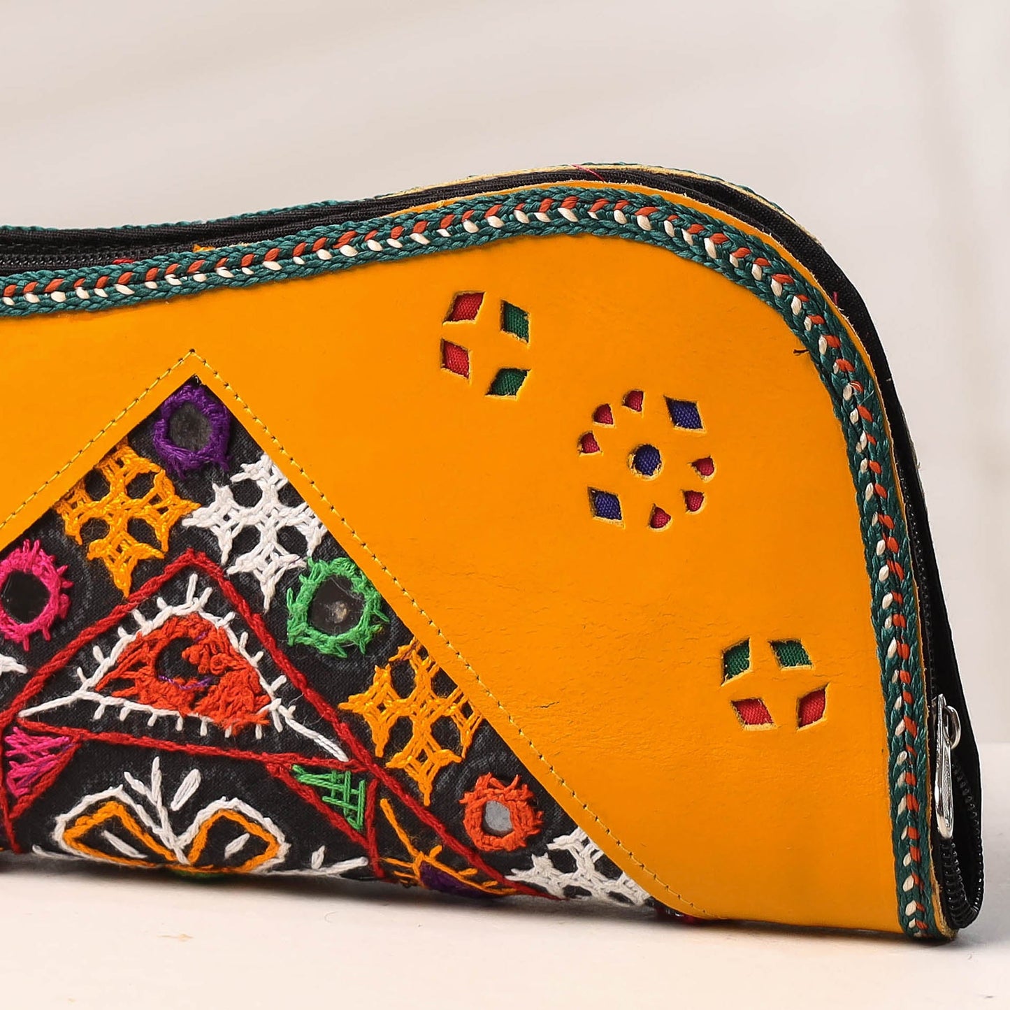 Orange Handcrafted Kutch Embroidery Leather Clutch / Wallet