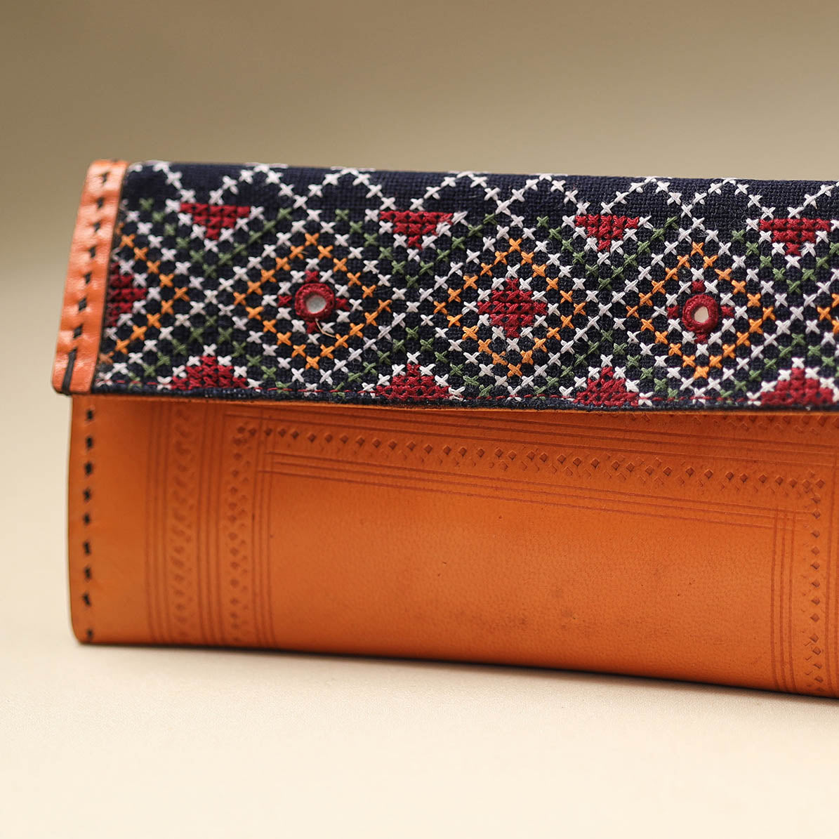 Orange Handcrafted Kutch Jat Embroidery Leather Wallet