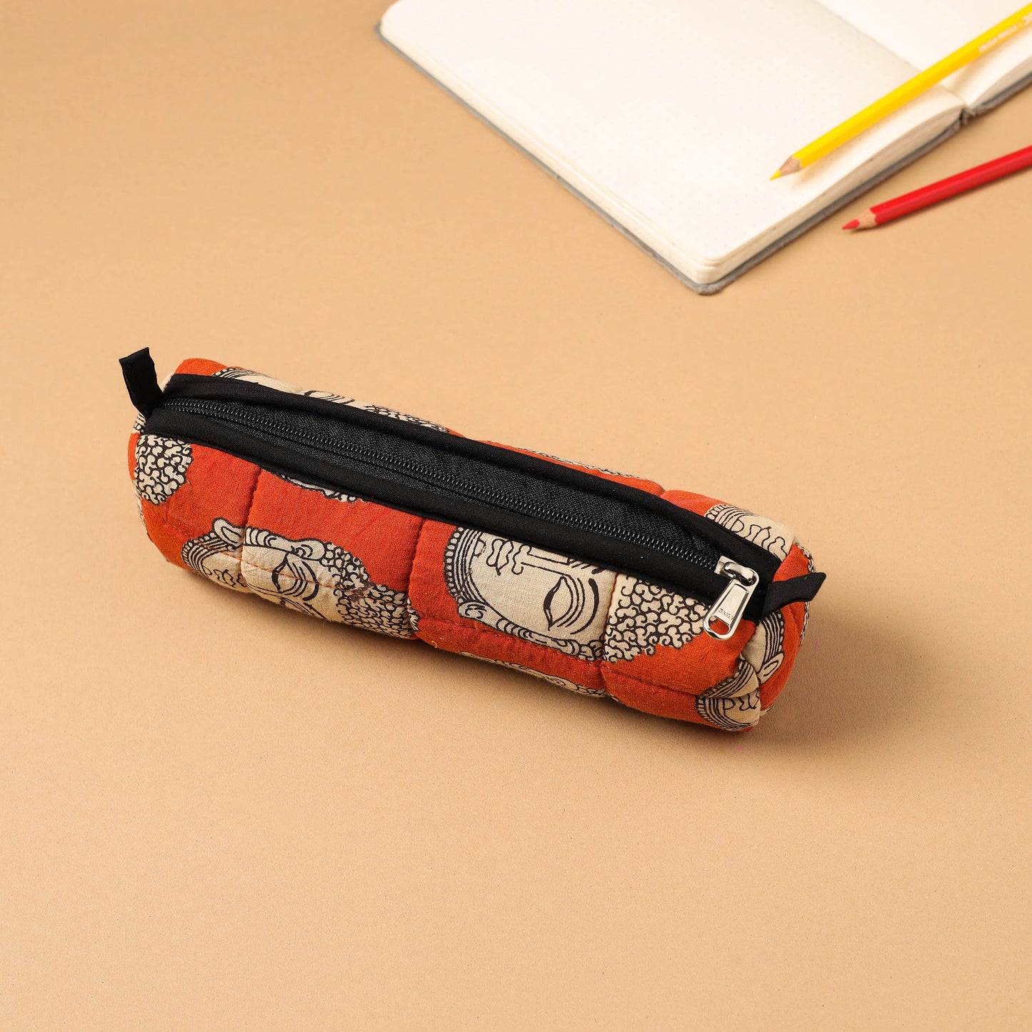 Orange Handcrafted Quilted Cotton Pencil Pouch