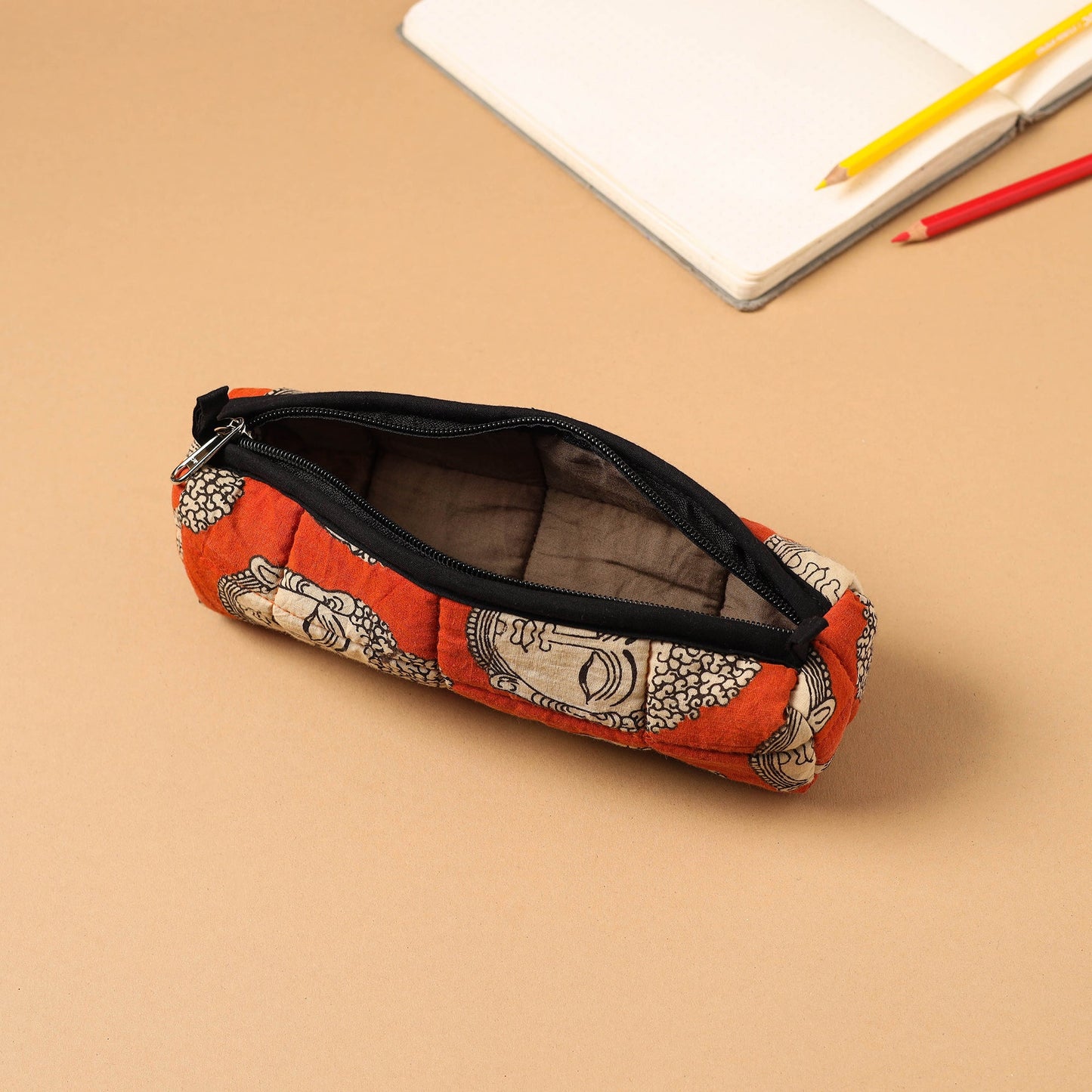 Orange Handcrafted Quilted Cotton Pencil Pouch