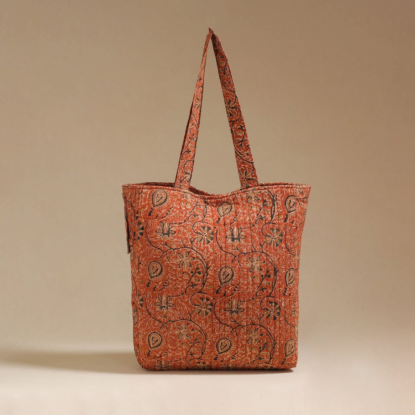 Handcrafted quilted kalamkari block printed fabric tote bag