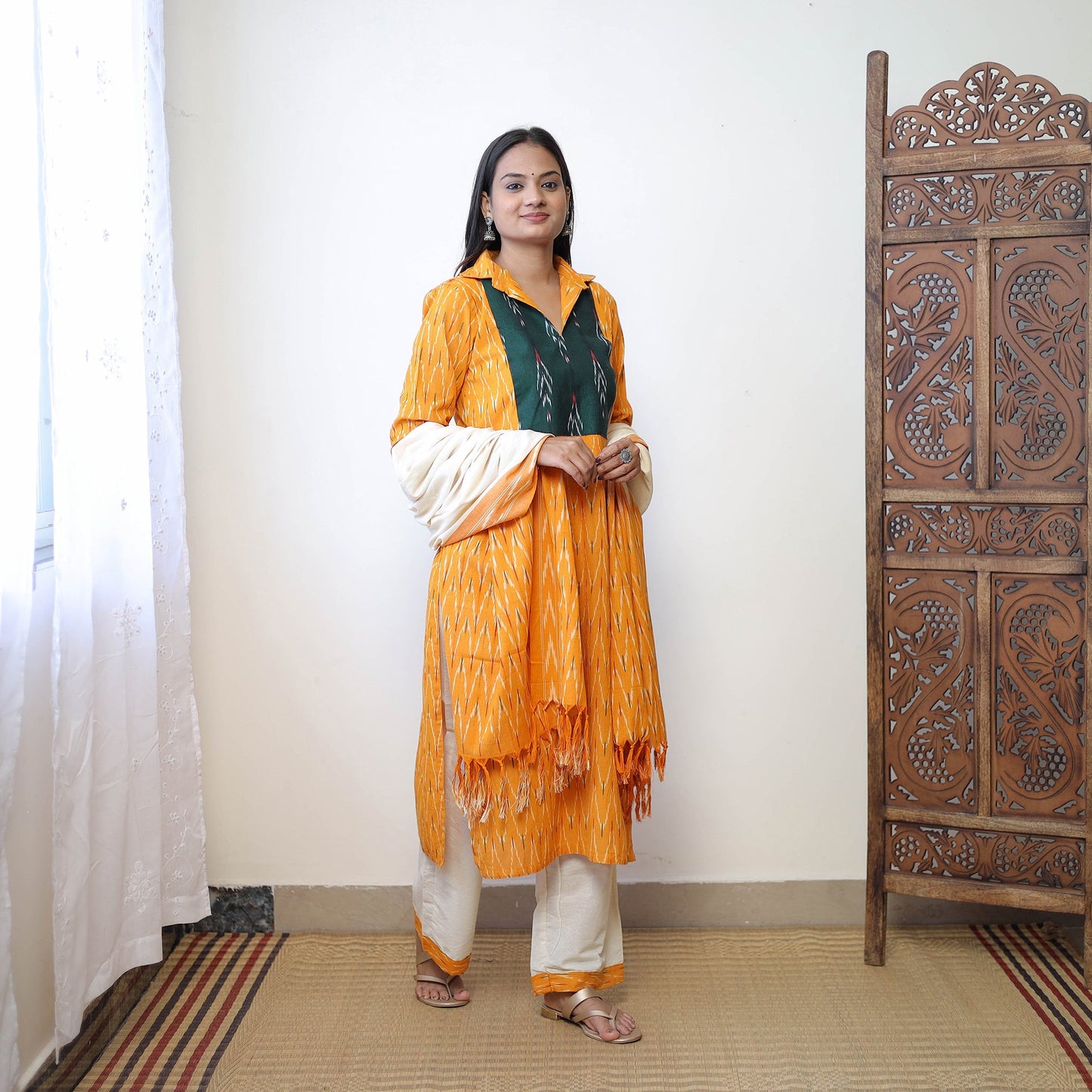 Orange - Handloom Cotton Pochampally Ikat Kurta Set 02