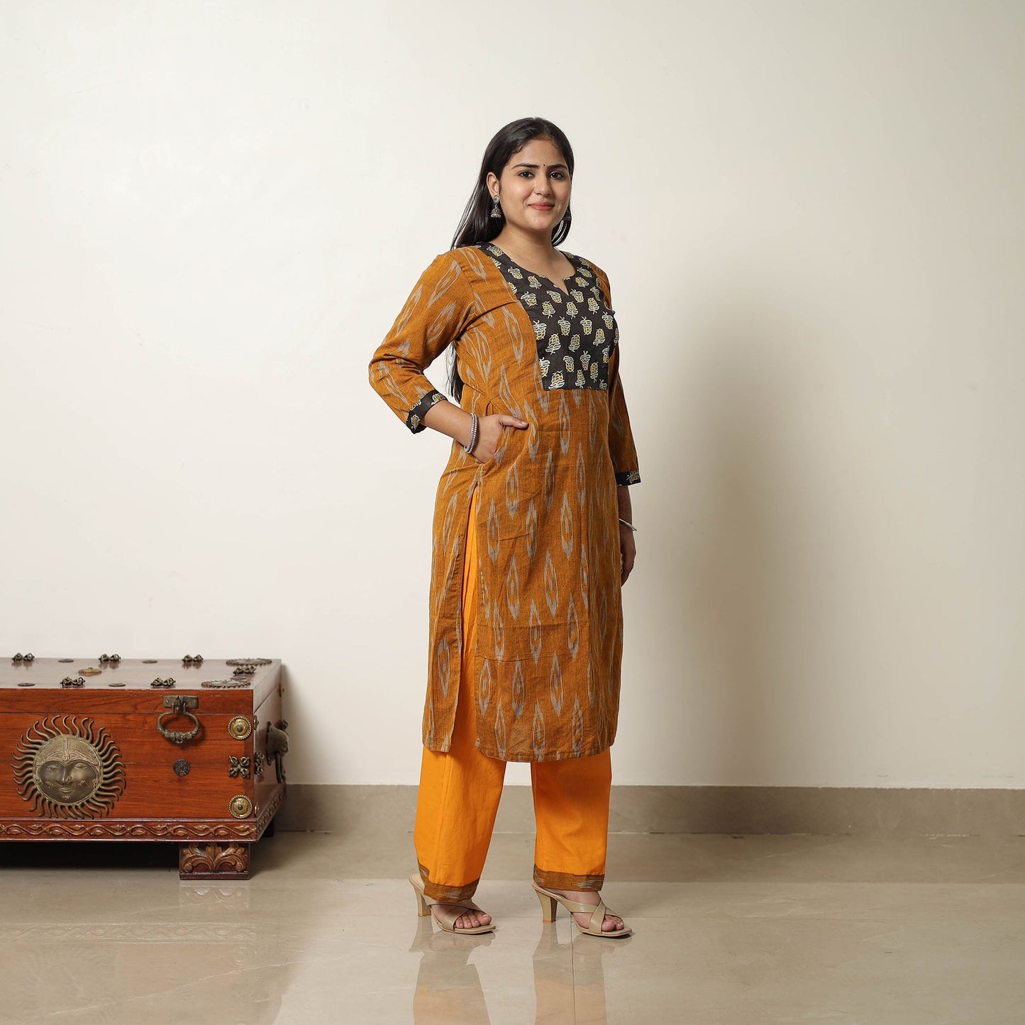 Orange Handloom Cotton Pochampally Ikat Kurta Set