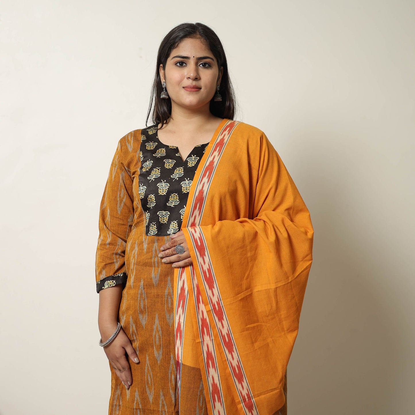 Orange Handloom Cotton Pochampally Ikat Kurta Set