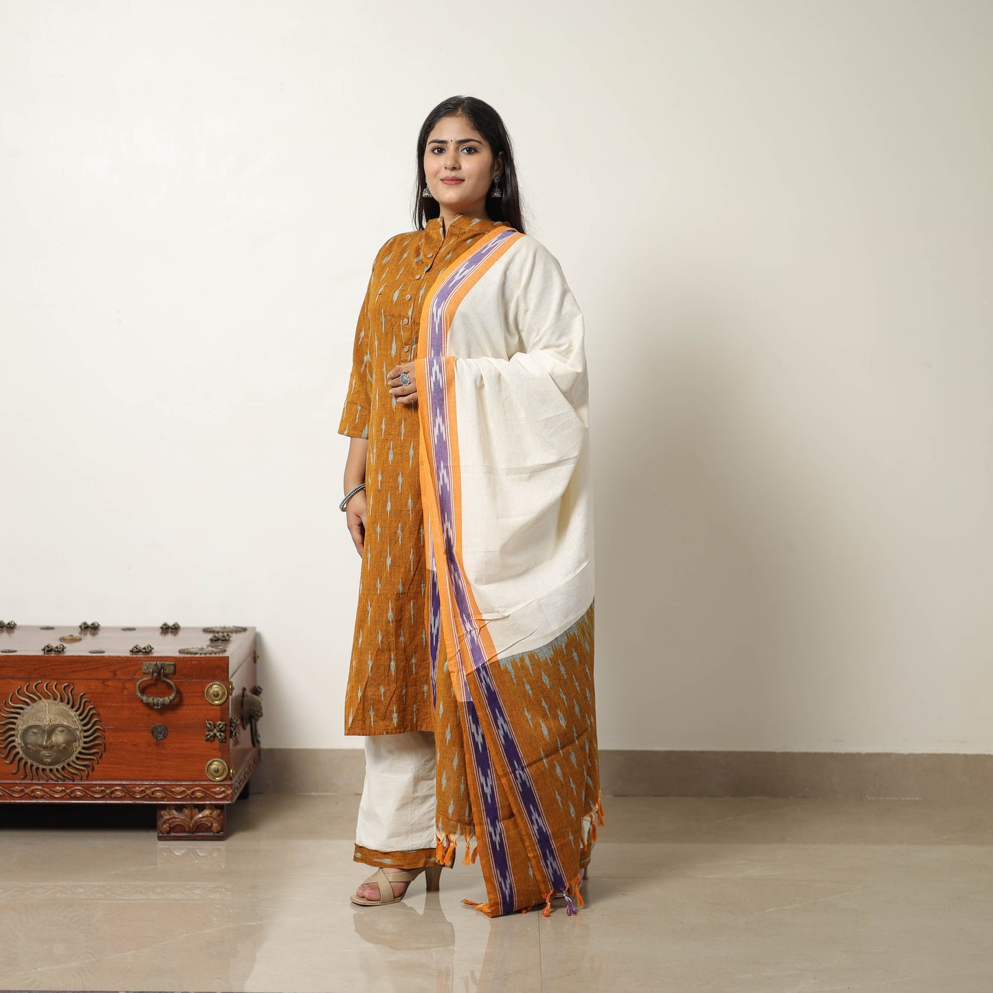 Orange Handloom Cotton Pochampally Ikat Kurta Set