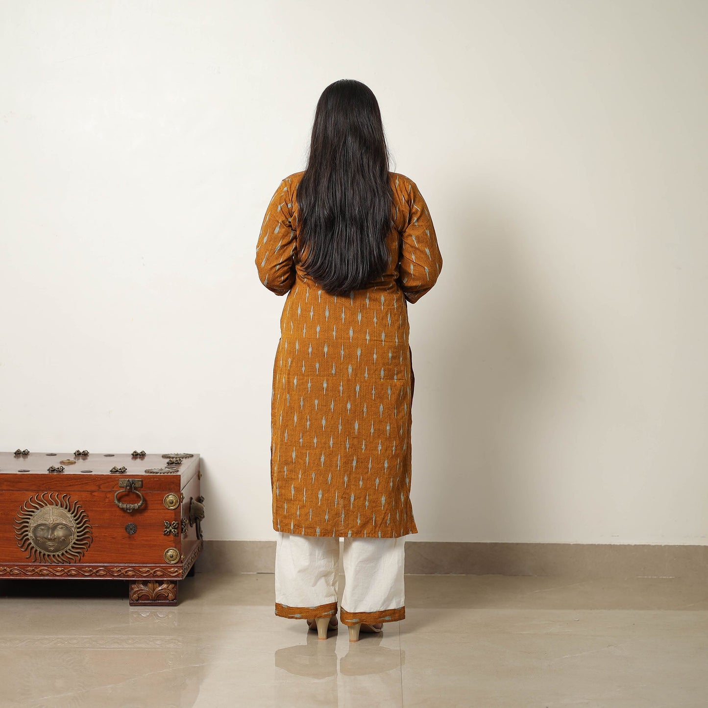 Orange Handloom Cotton Pochampally Ikat Kurta Set