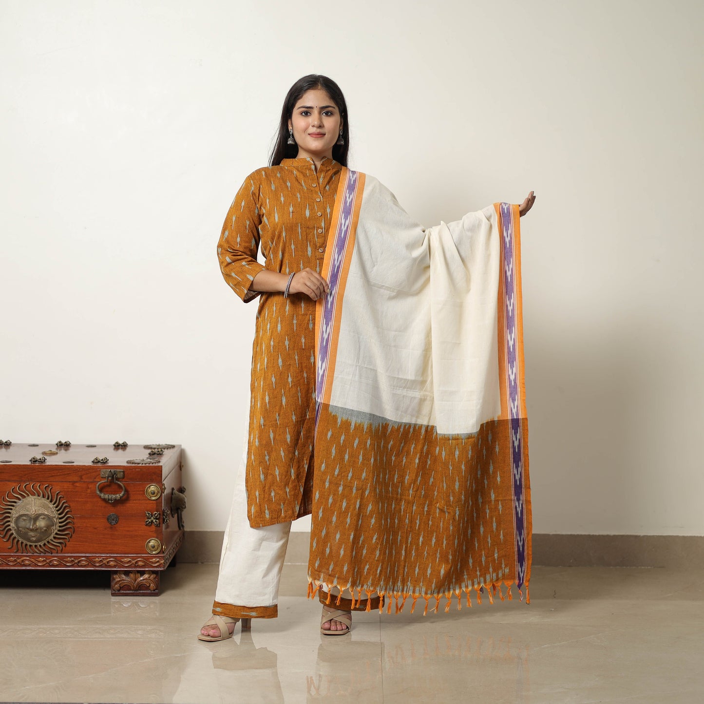 Orange Handloom Cotton Pochampally Ikat Kurta Set