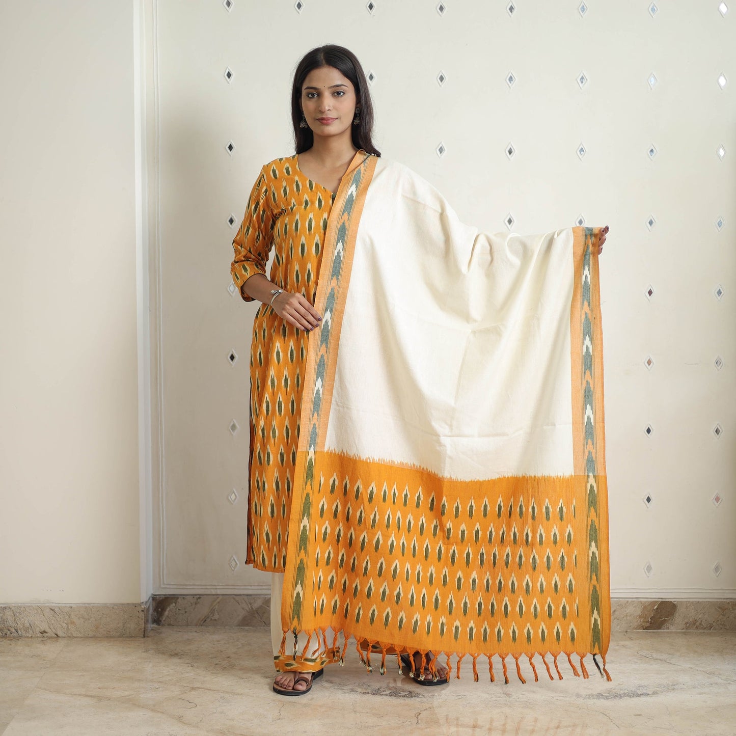 Orange Handloom Cotton Pochampally Ikat Kurta Set