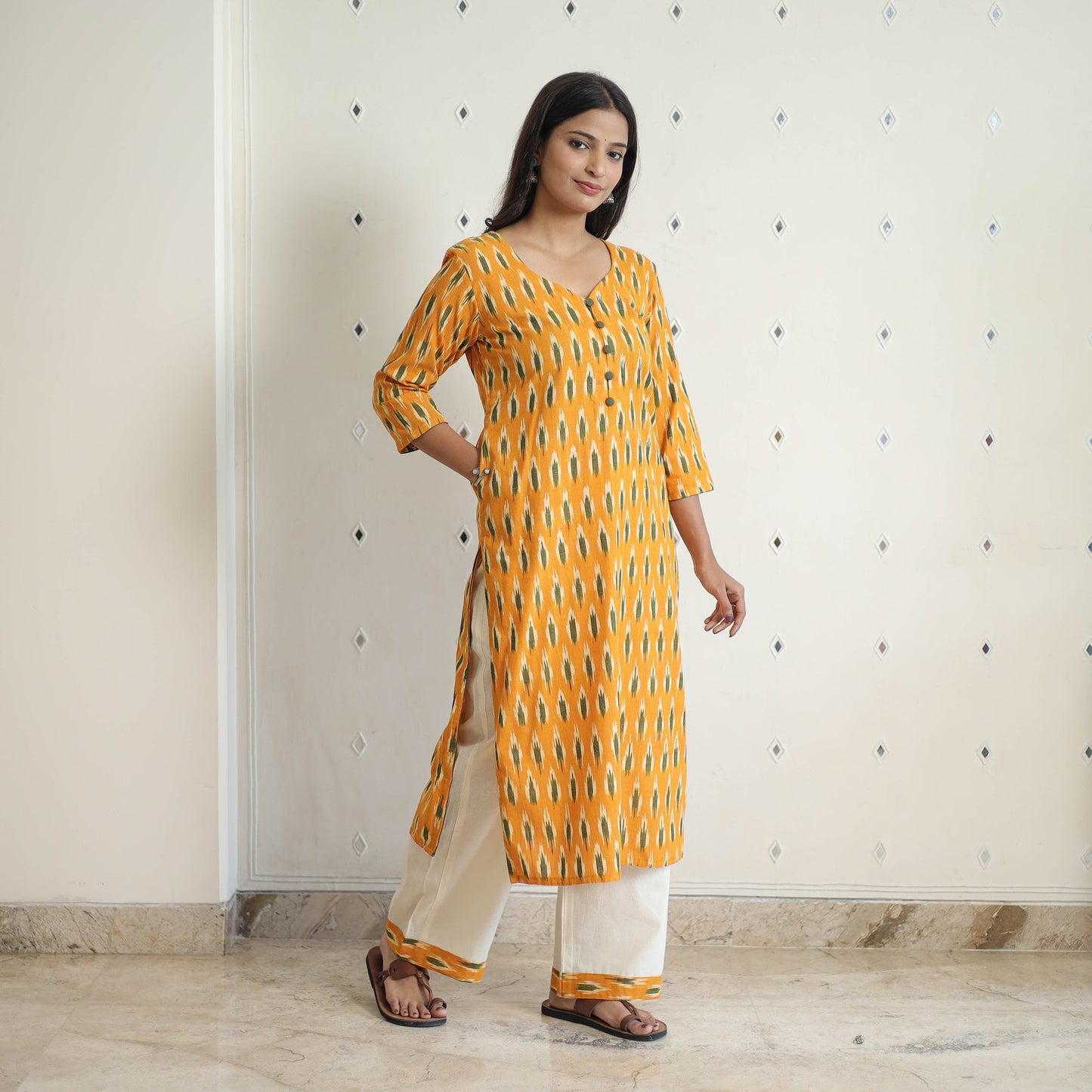Orange Handloom Cotton Pochampally Ikat Kurta Set