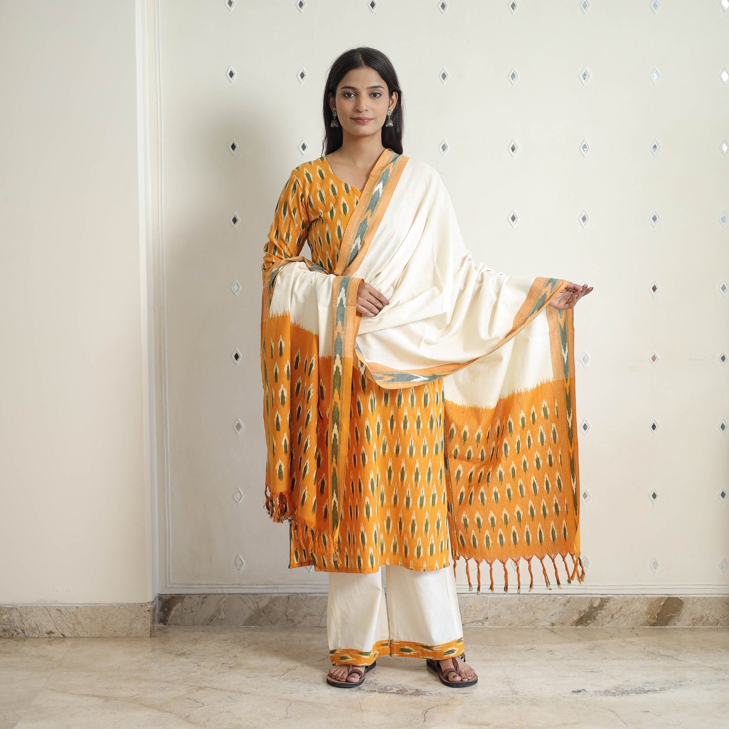 Orange Handloom Cotton Pochampally Ikat Kurta Set