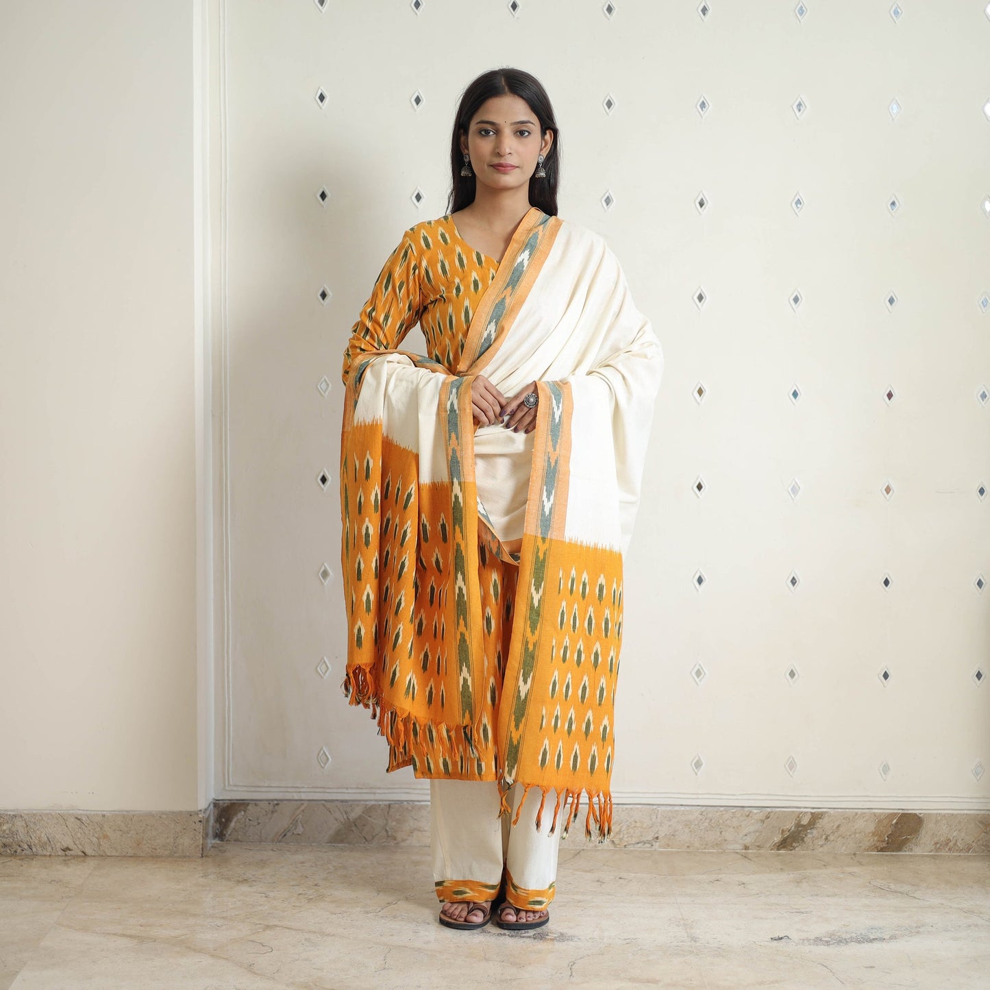 Orange Handloom Cotton Pochampally Ikat Kurta Set