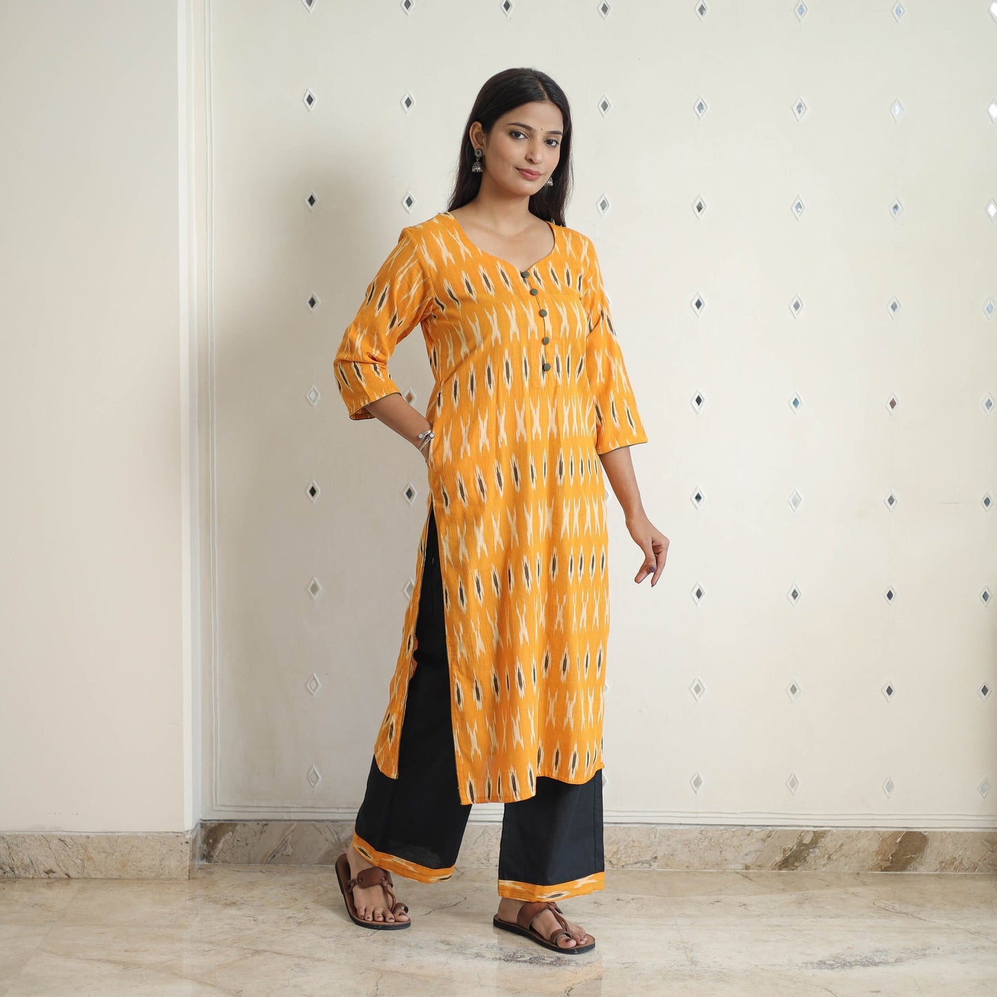 Orange Handloom Cotton Pochampally Ikat Kurta Set