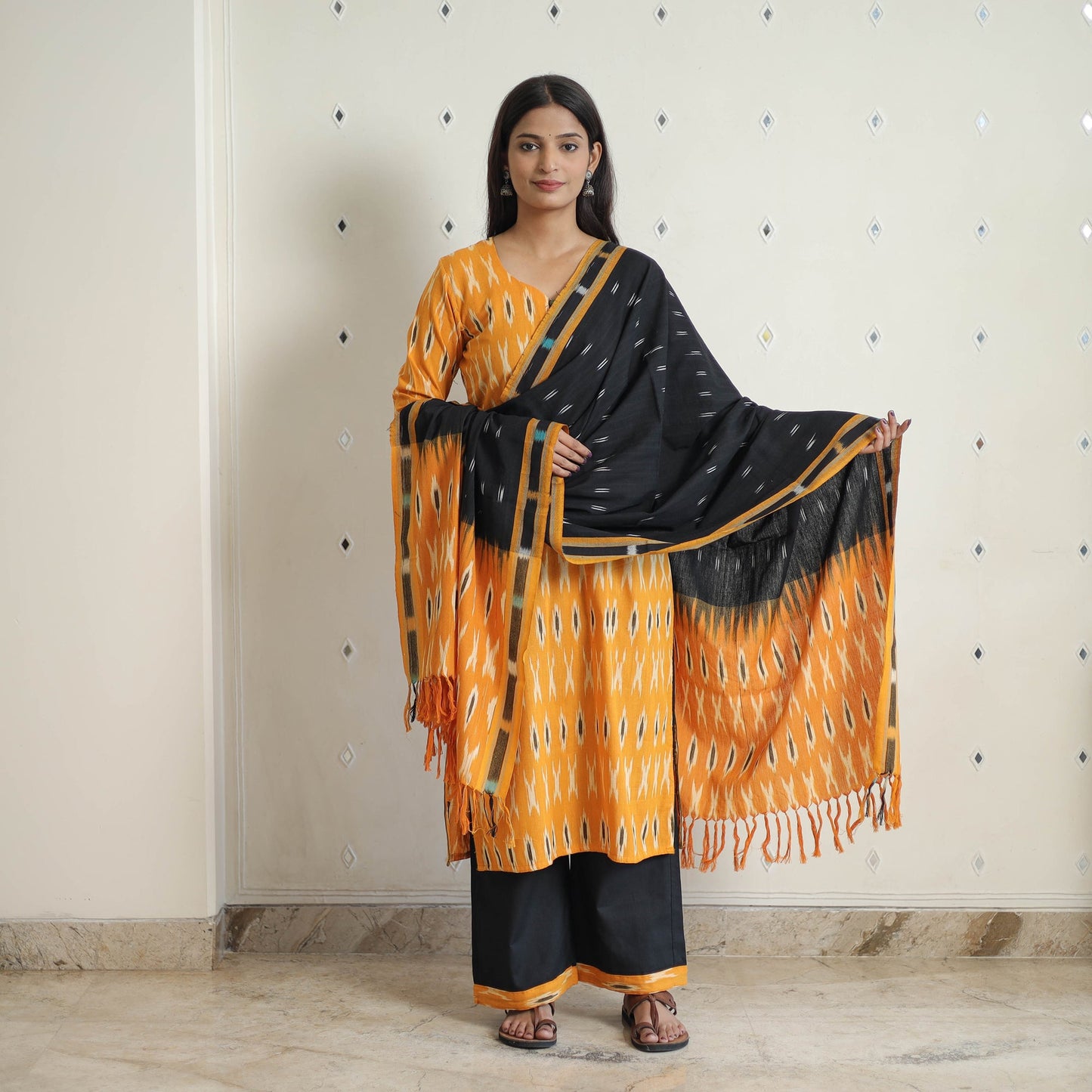 Orange Handloom Cotton Pochampally Ikat Kurta Set