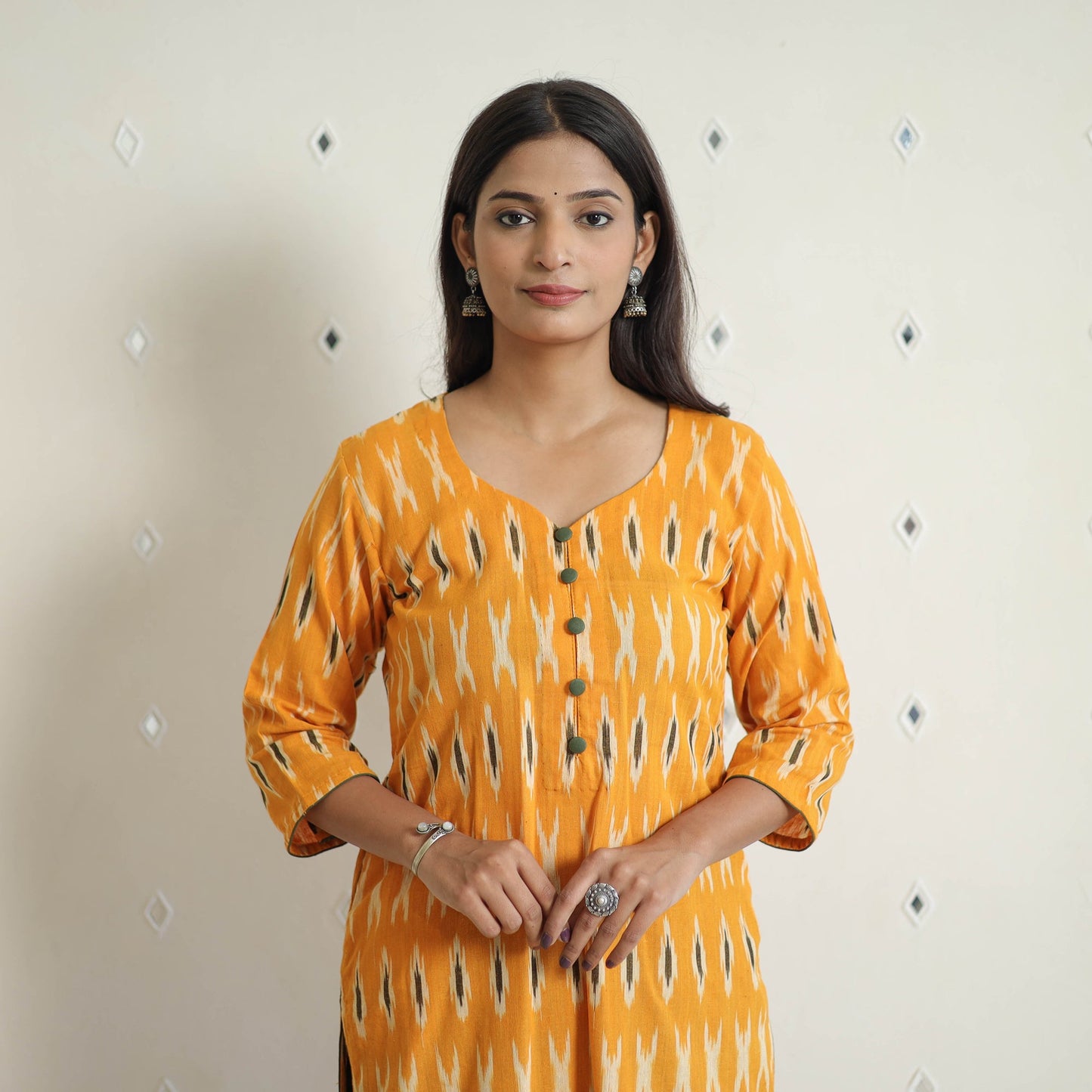 Orange Handloom Cotton Pochampally Ikat Kurta Set