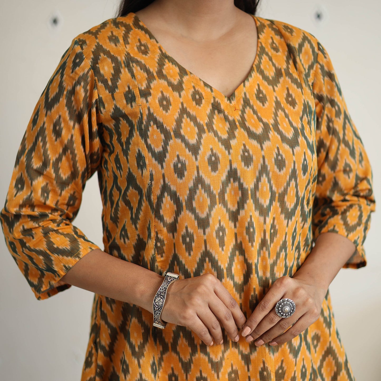 Orange Handloom Cotton Pochampally Ikat Kurta Set (Set of 3)