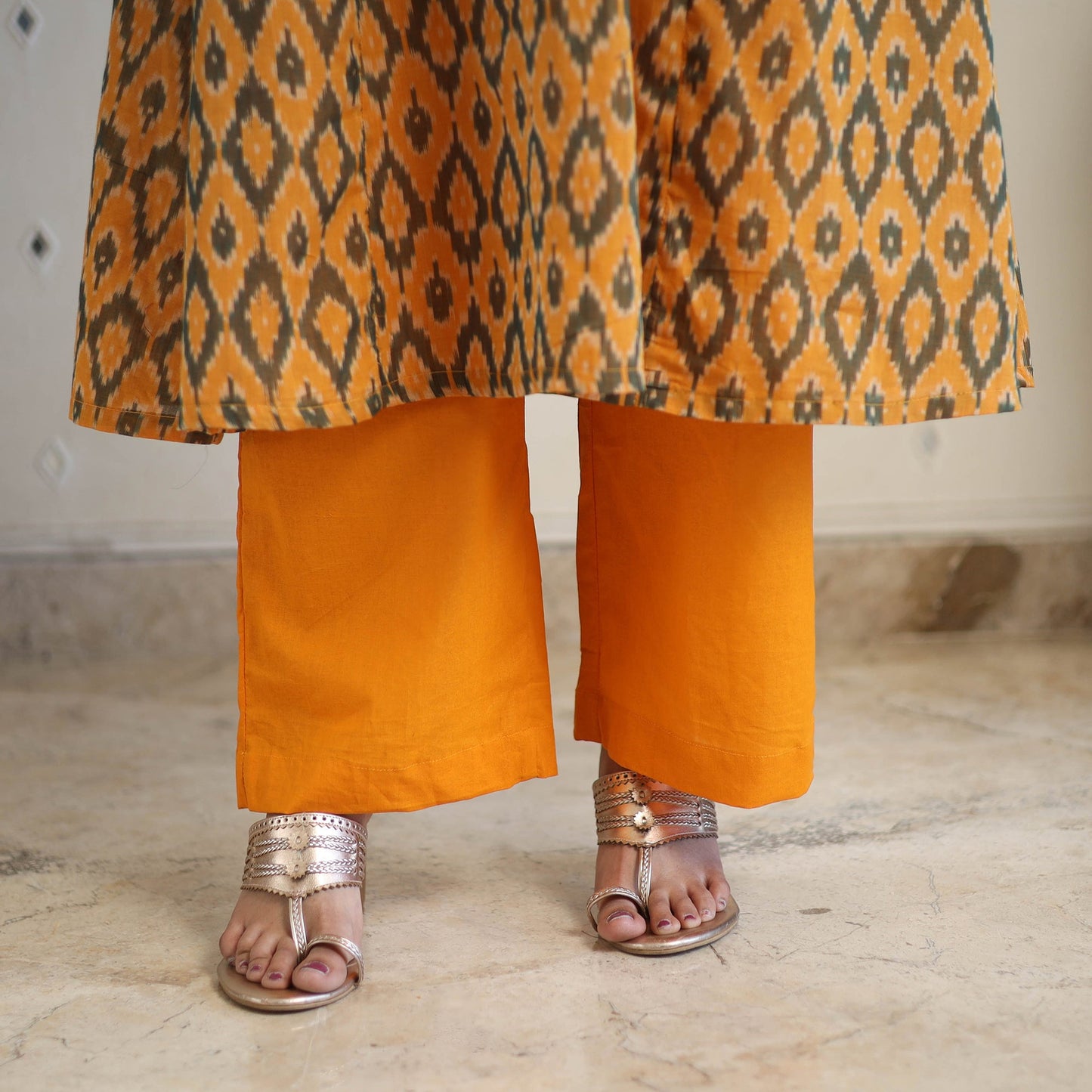 Orange Handloom Cotton Pochampally Ikat Kurta Set (Set of 3)