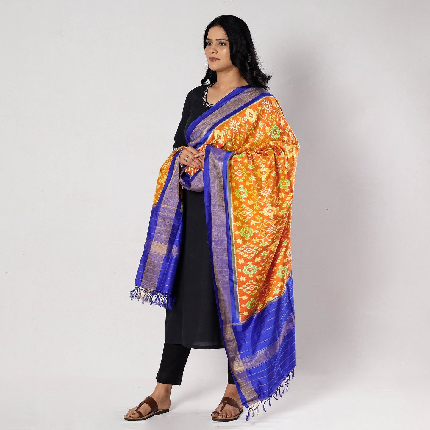 Handloom Pochampally Ikat Mulberry Silk Dupatta with Zari Border