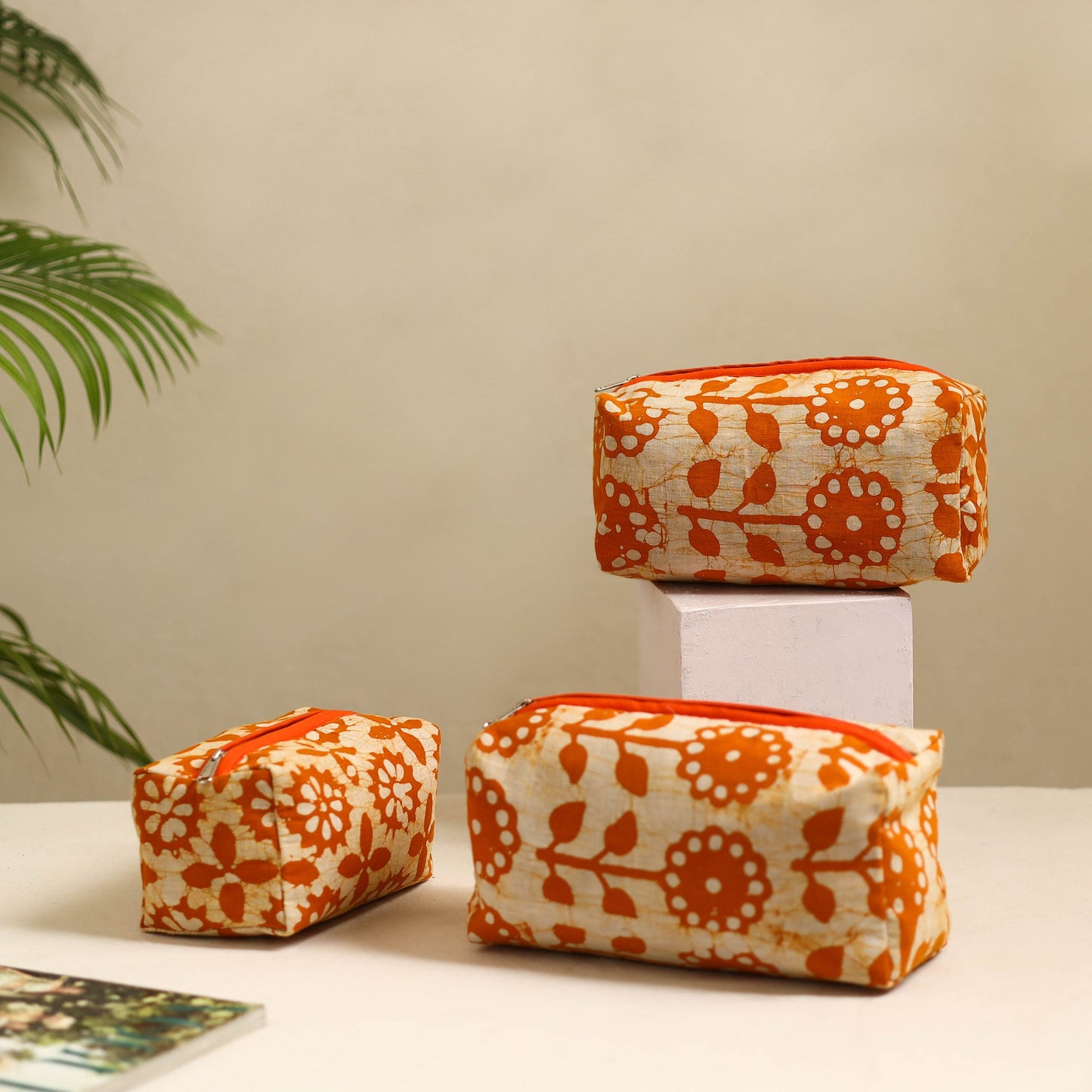 Orange Handmade Cotton Toiletry Bags (Set of 3)