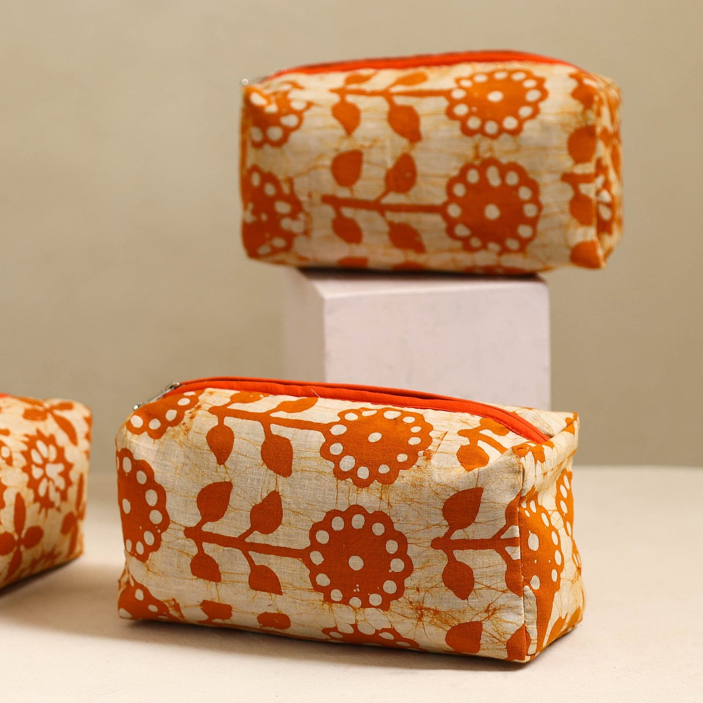 Orange Handmade Cotton Toiletry Bags (Set of 3)