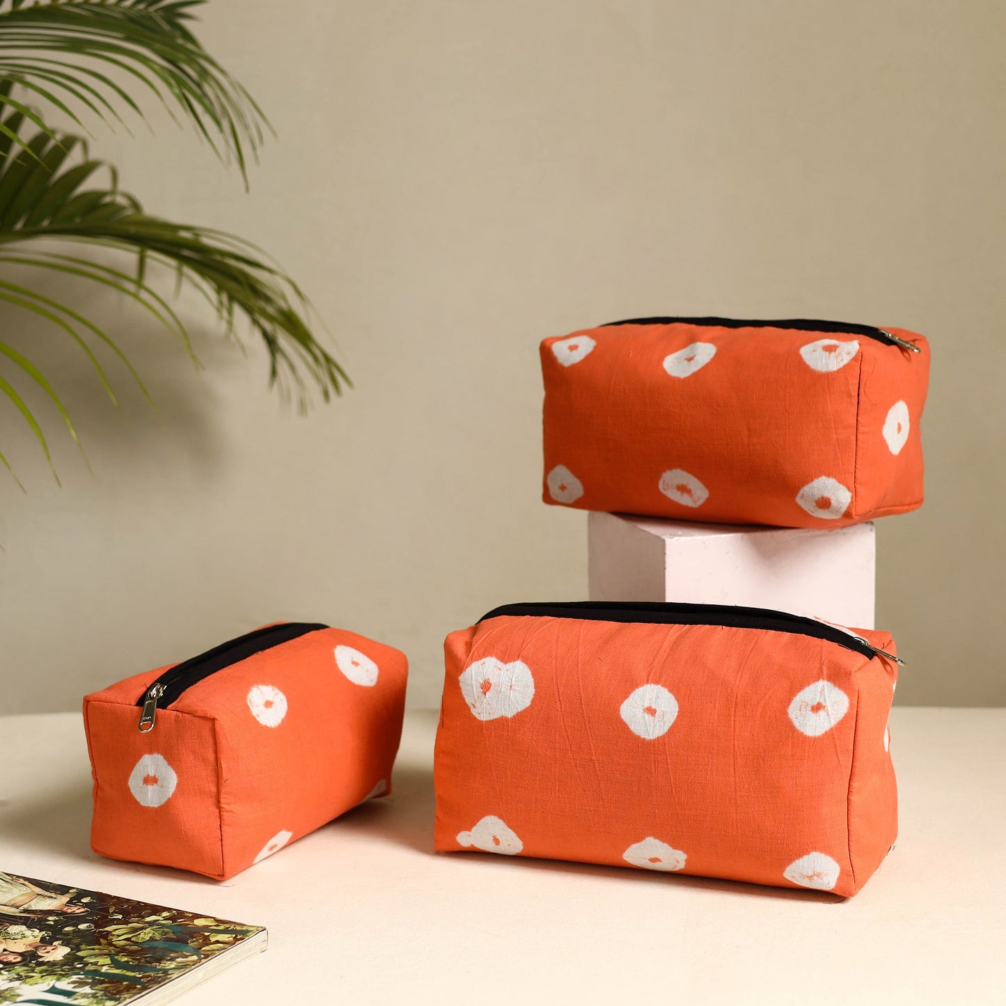 Orange Handmade Cotton Toiletry Bags (Set of 3)