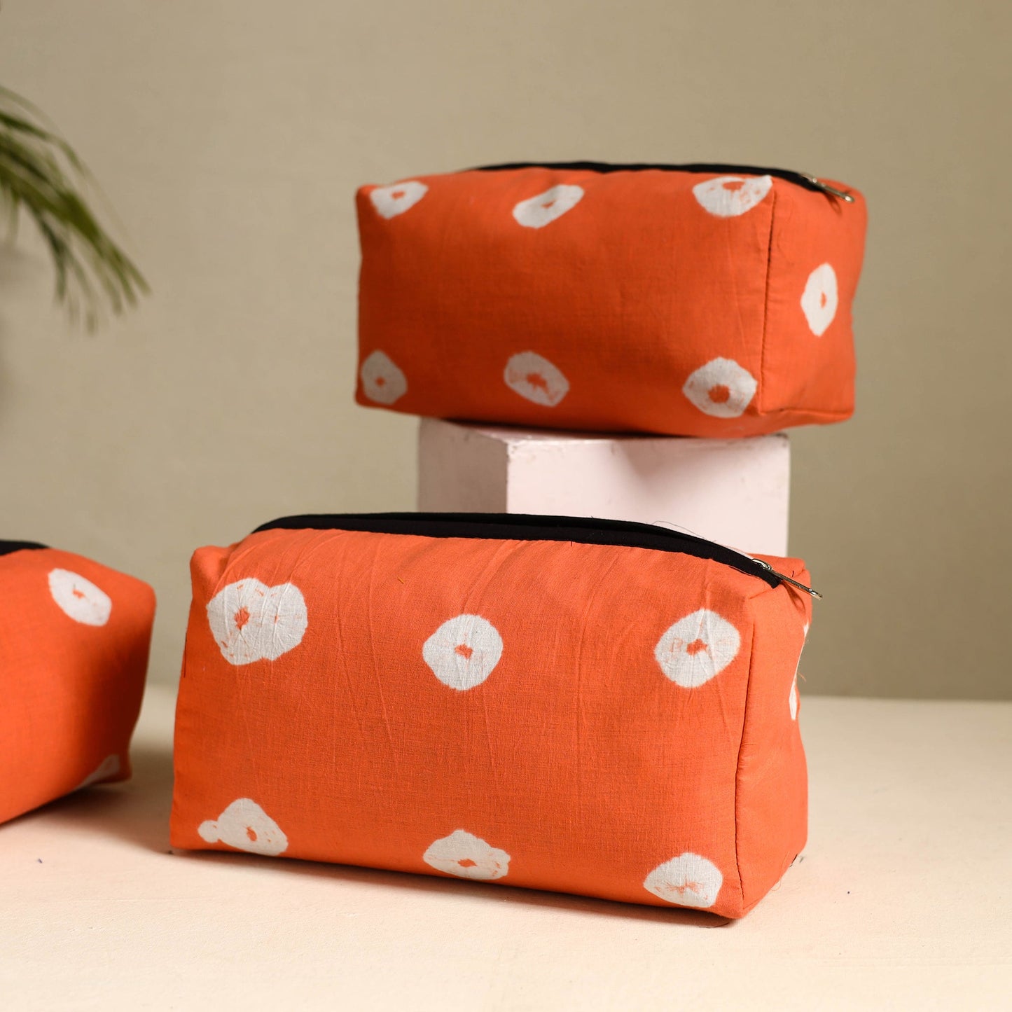 Orange Handmade Cotton Toiletry Bags (Set of 3)