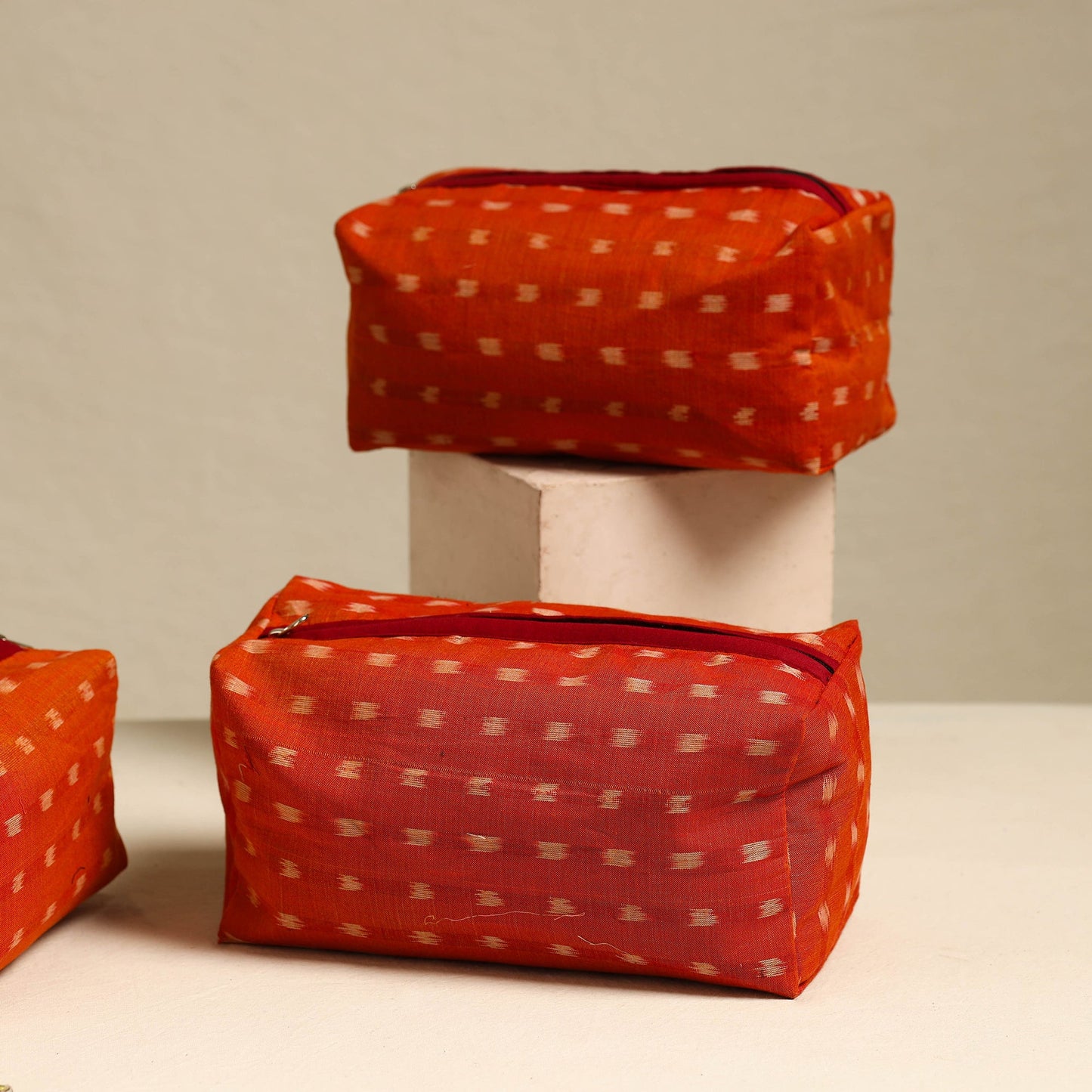 Orange Handmade Cotton Toiletry Bags (Set of 3)