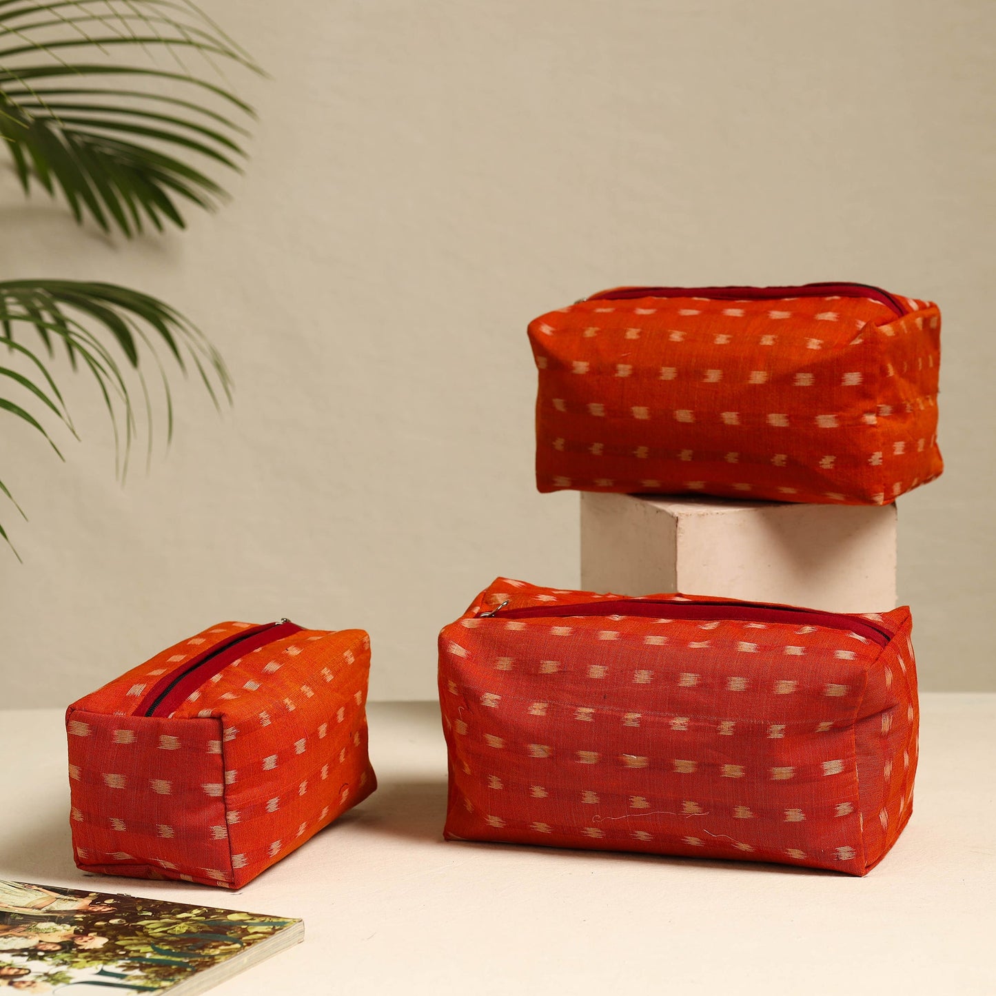 Orange Handmade Cotton Toiletry Bags (Set of 3)