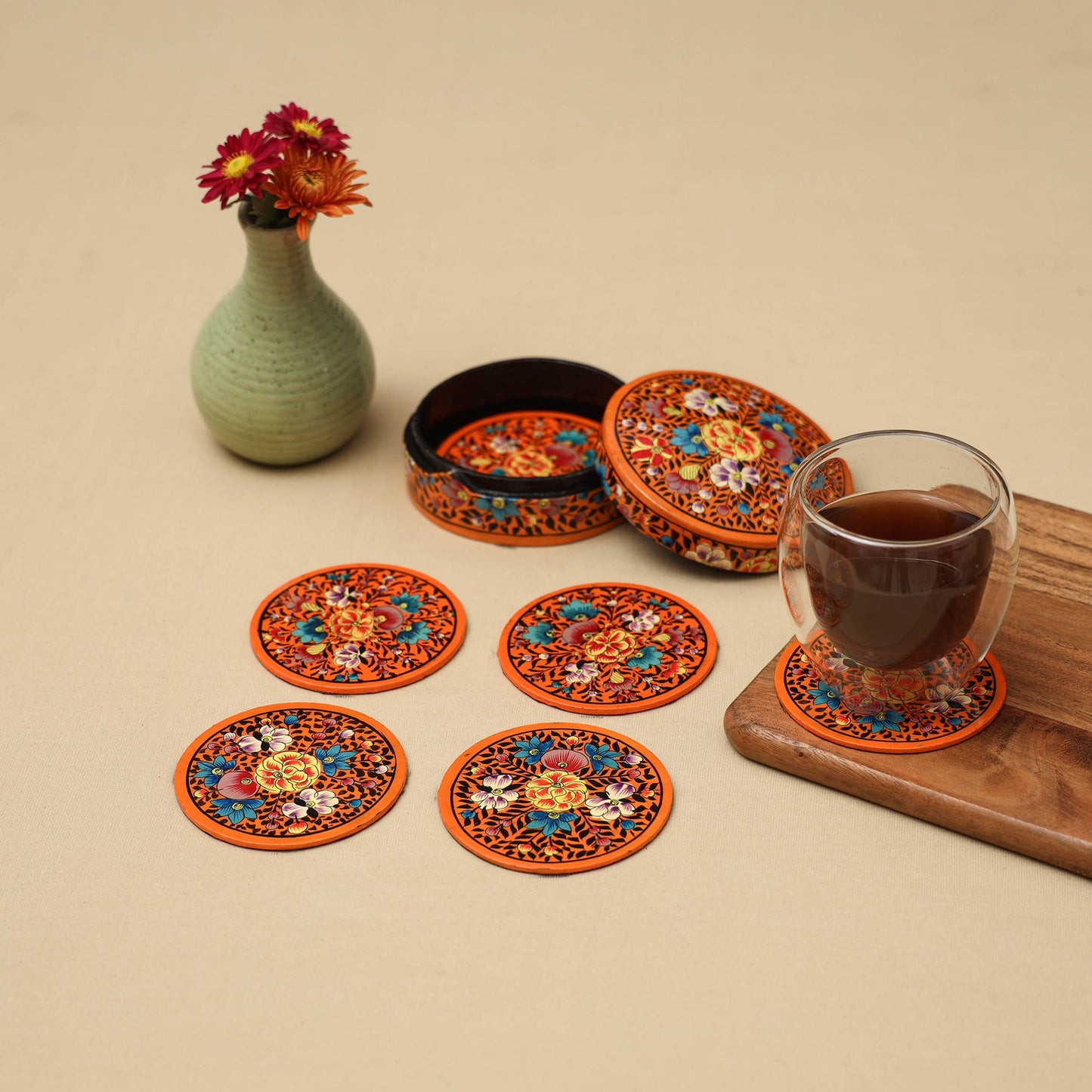 Orange - handpainted paper mache coaster with box (set