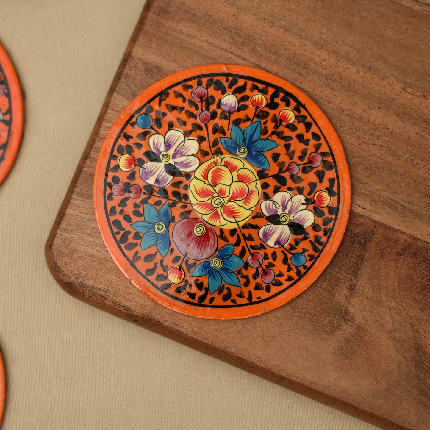 Orange - handpainted paper mache coaster with box (set