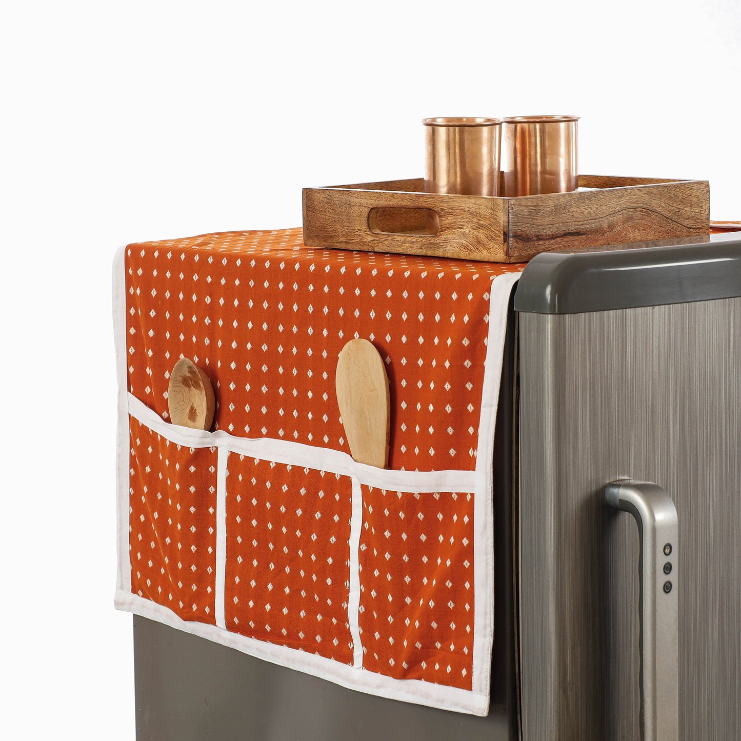 Orange Jacquard Cotton Fridge Top Cover with Multiple Pockets
