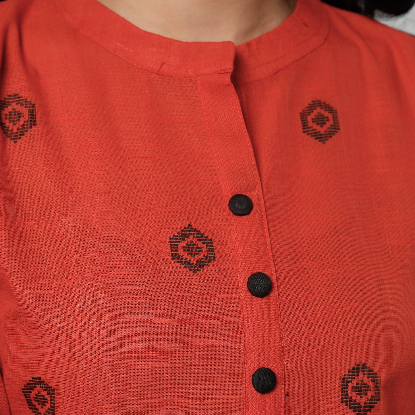Orange jacquard cotton long kurta - handcrafted