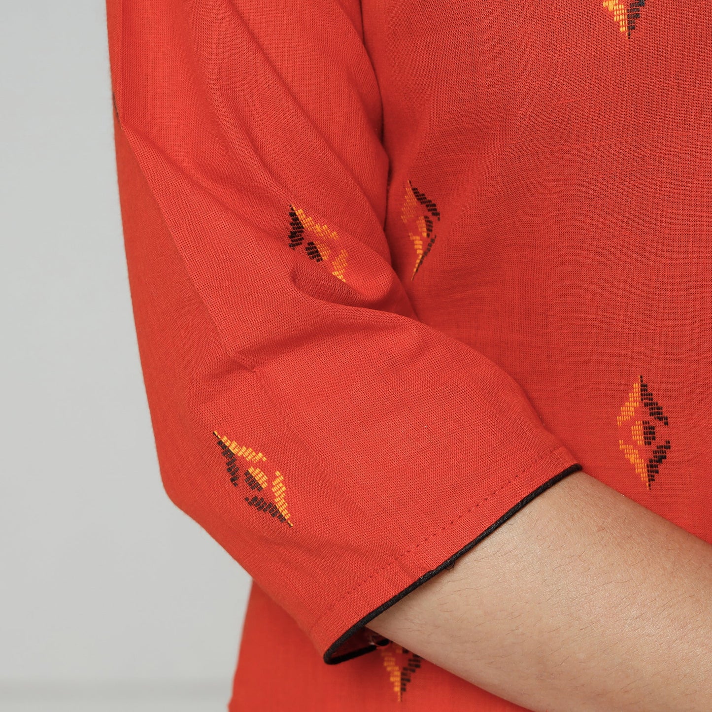 Orange jacquard cotton long kurti - handcrafted