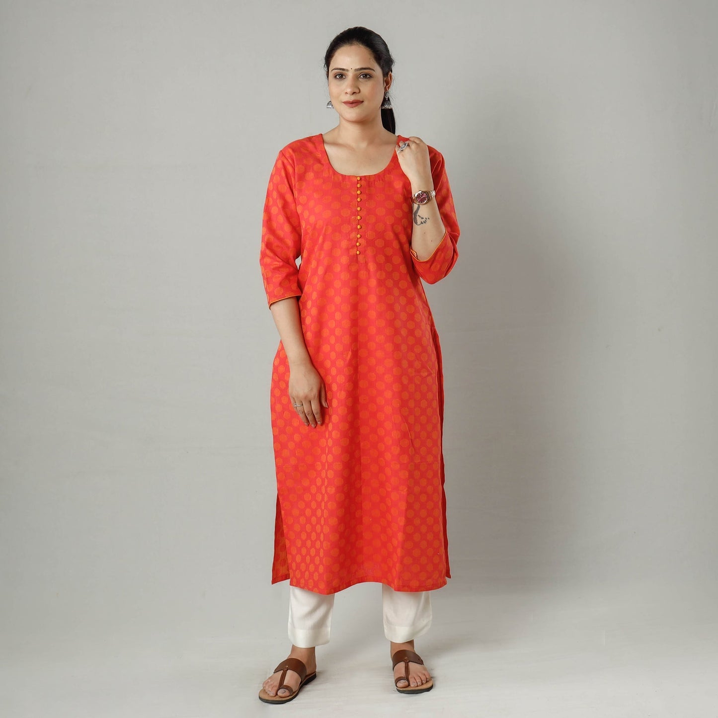 Jacquard Cotton Long Kurta for Women