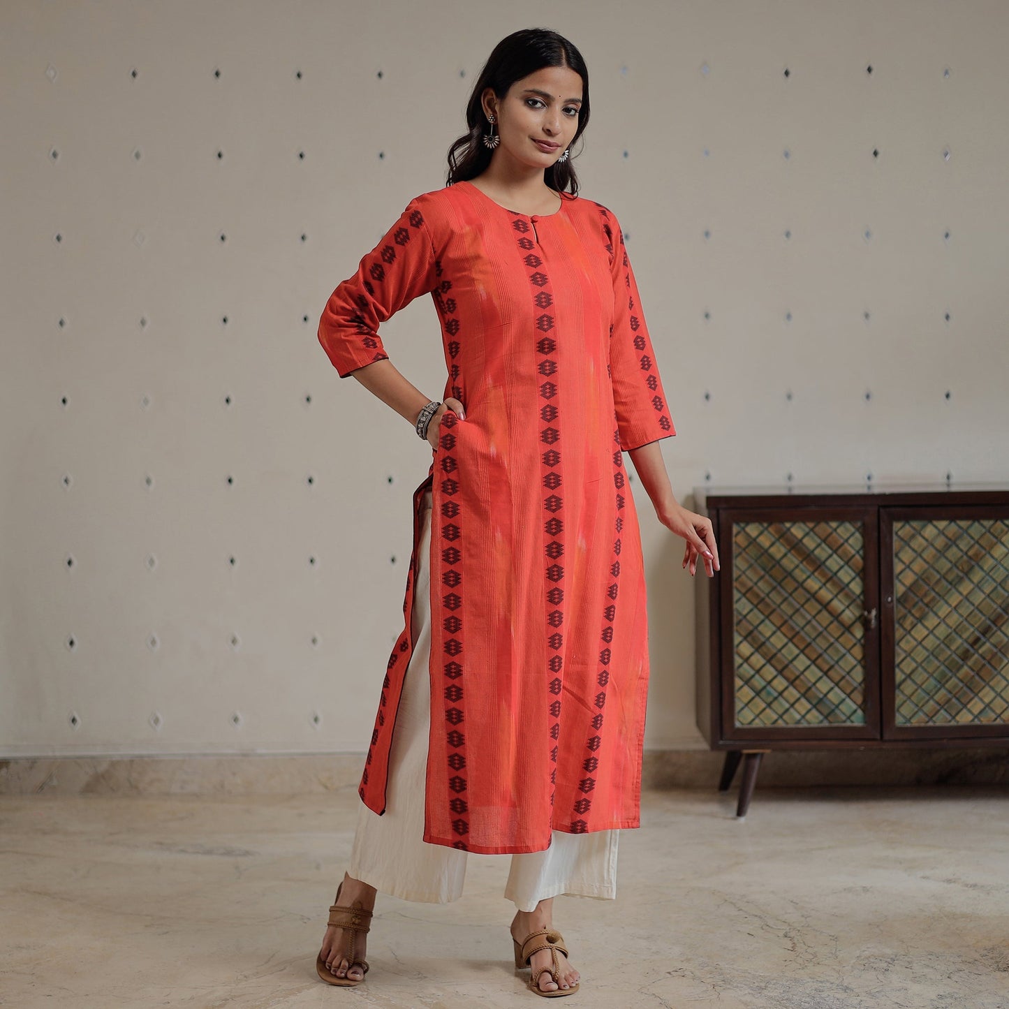 Jacquard Cotton Long Kurta for Women
