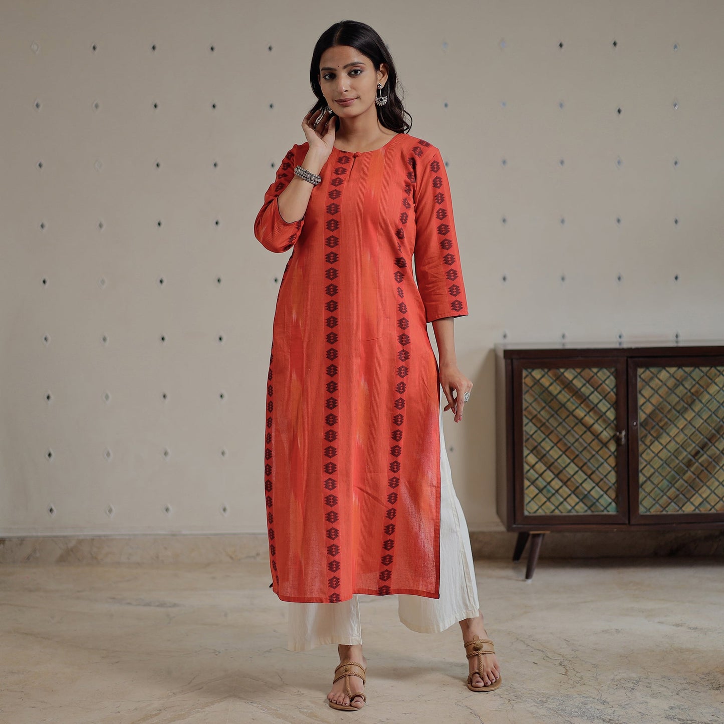 Jacquard Cotton Long Kurta for Women