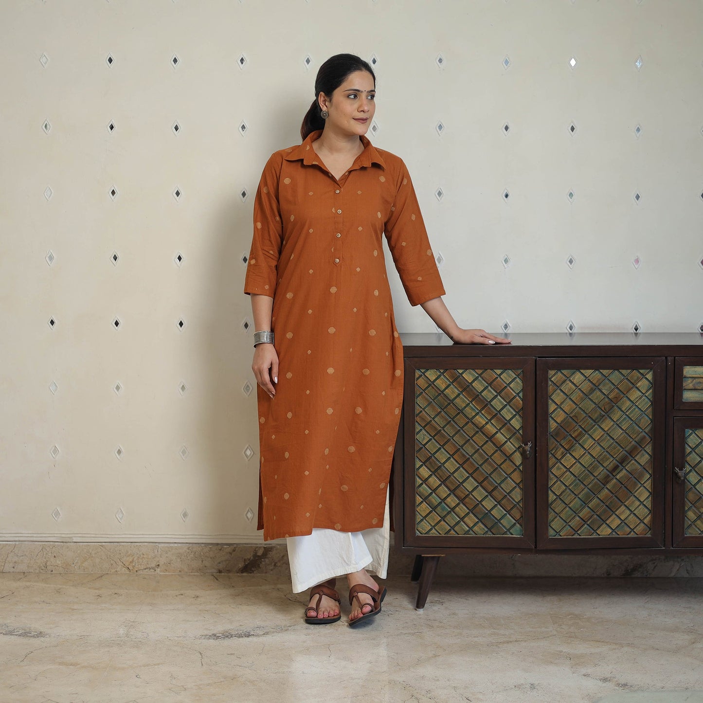 Orange - jacquard cotton straight kurta 07 - handcrafted