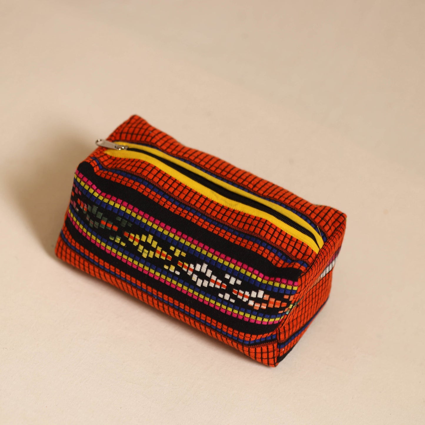 Orange Jacquard Weave Cotton Toiletry Pouch