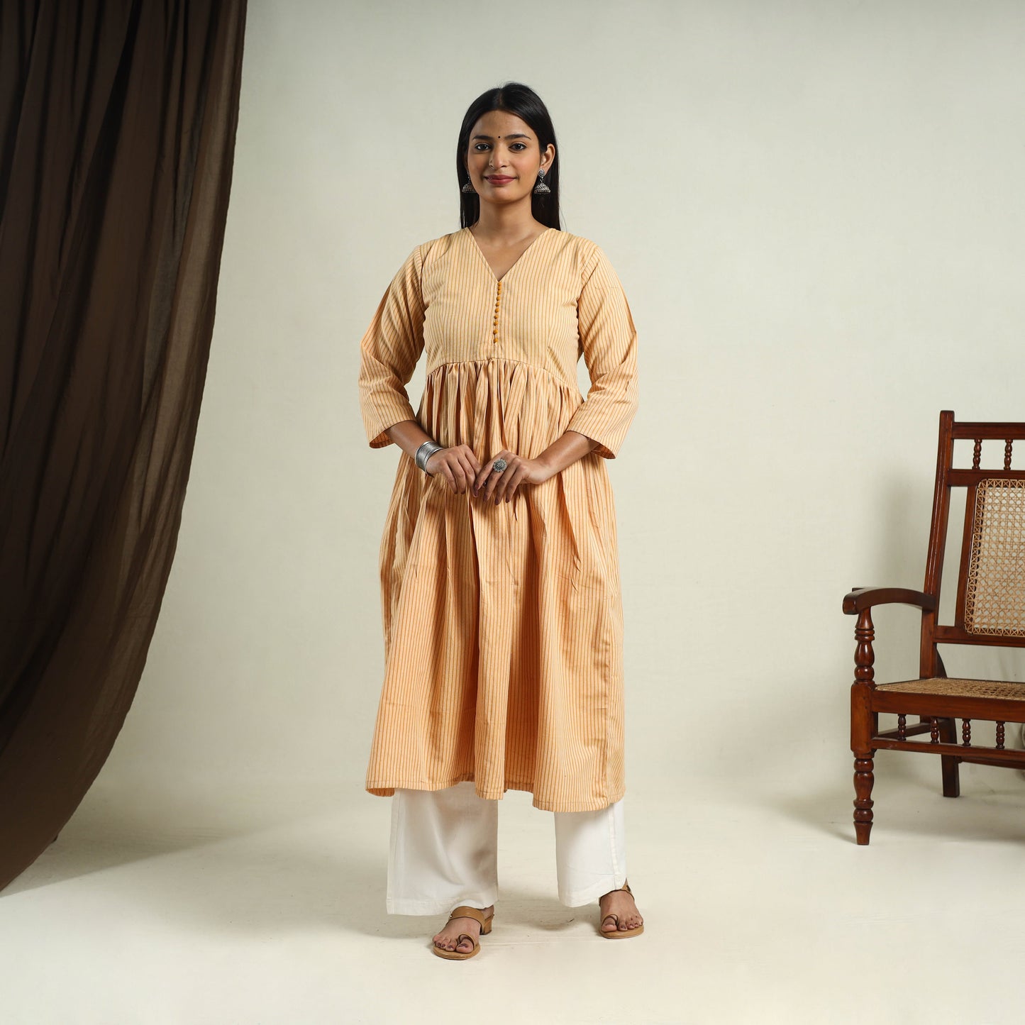 Orange Jhiri Handloom Flared Cotton Kurta for Women