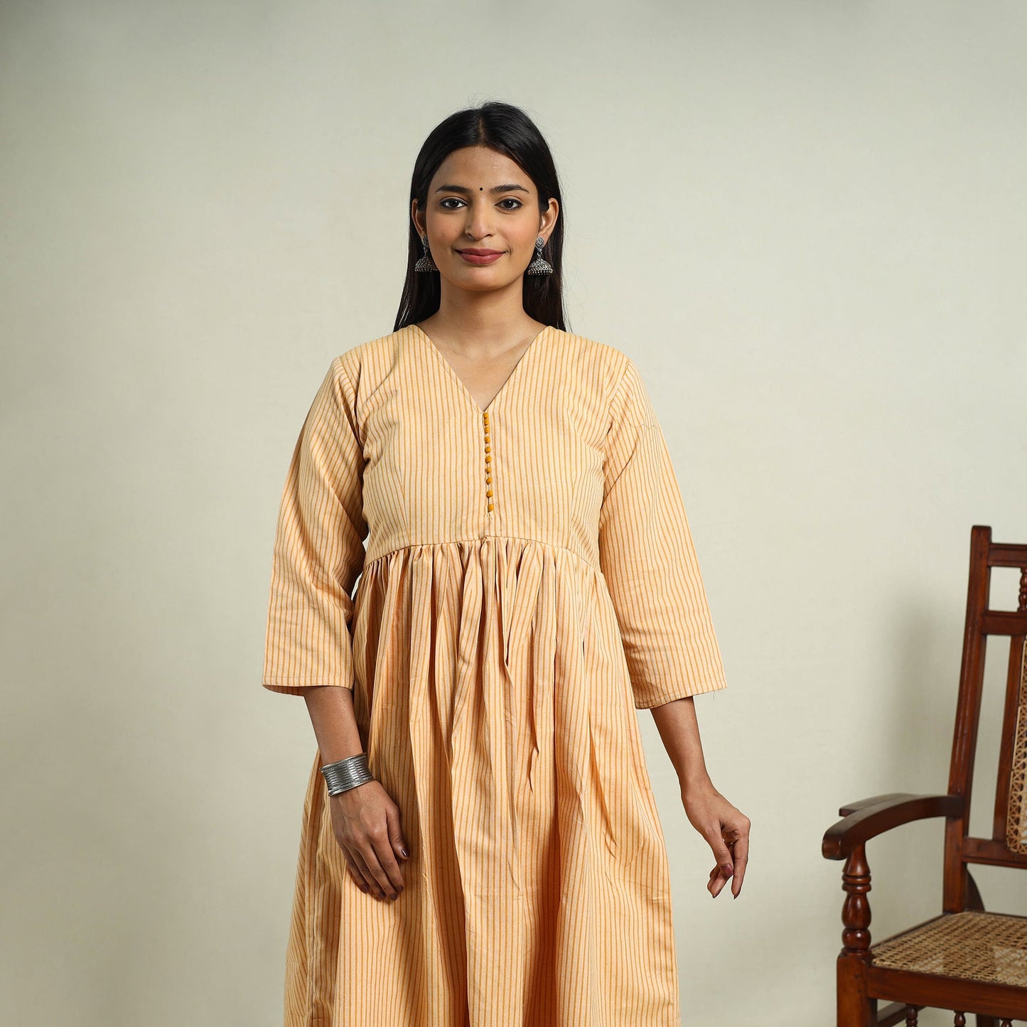 Orange Jhiri Handloom Flared Cotton Kurta for Women