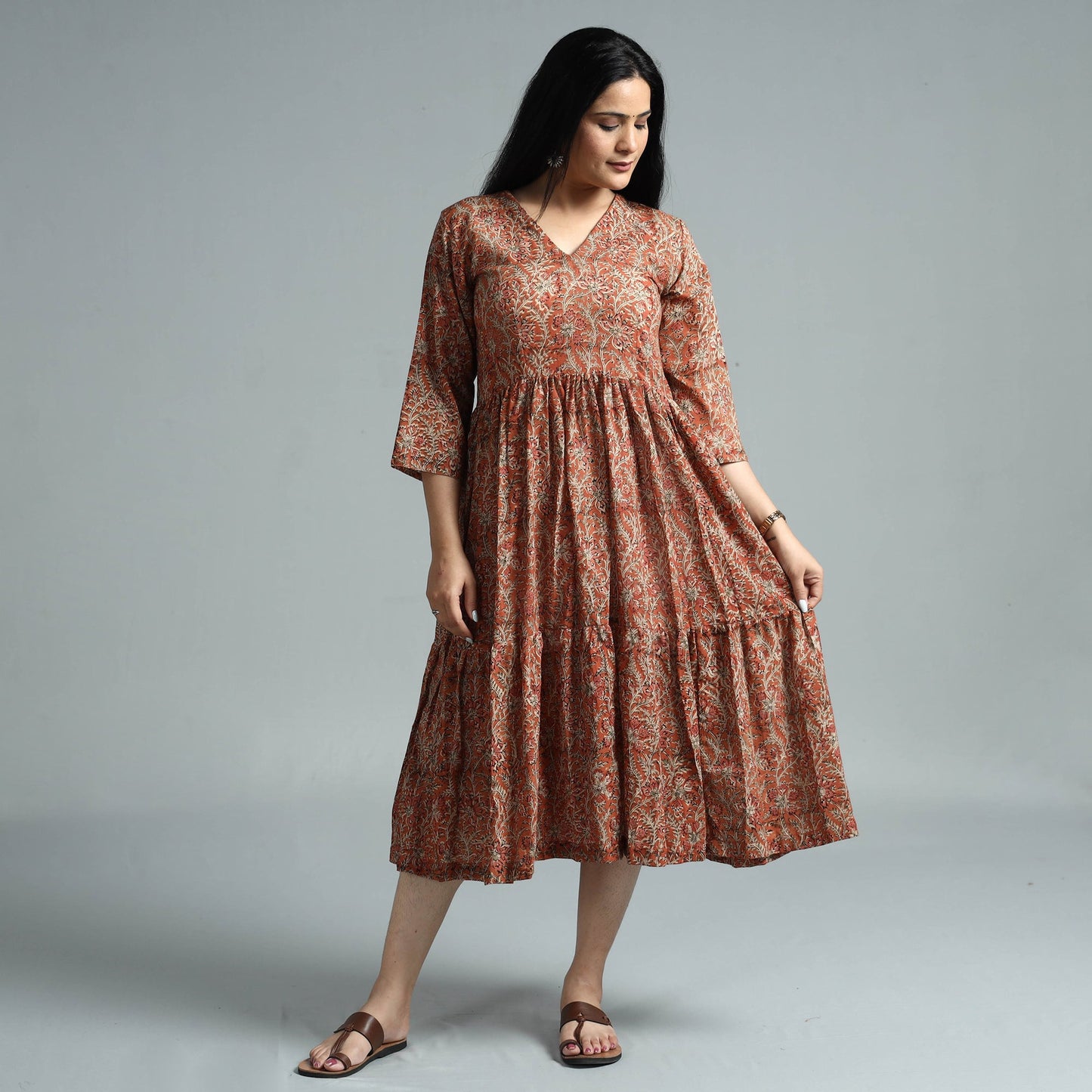 Orange - kalamkari block printed mul cotton flared gher