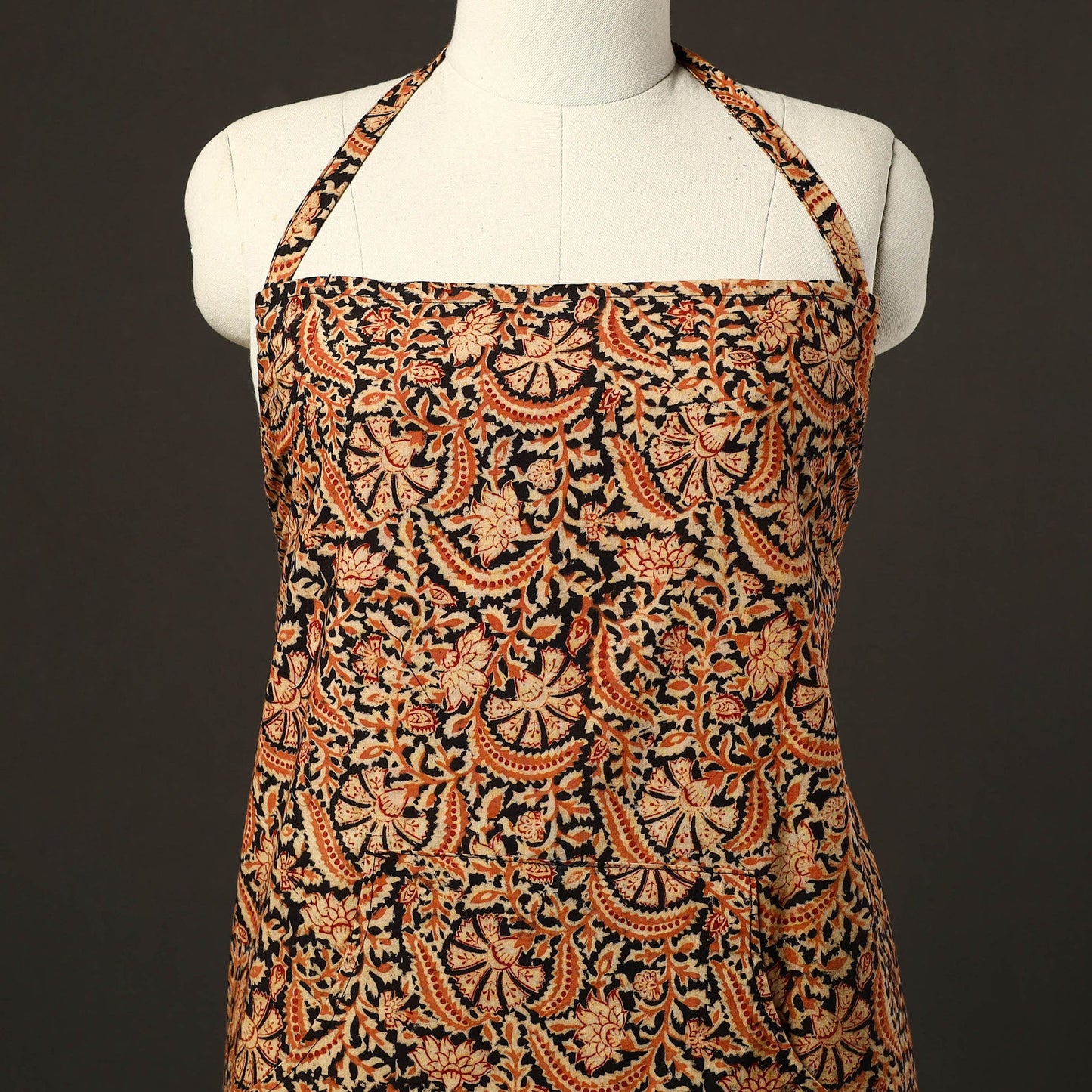 Orange - kalamkari cotton apron with pocket 33 - handcrafted