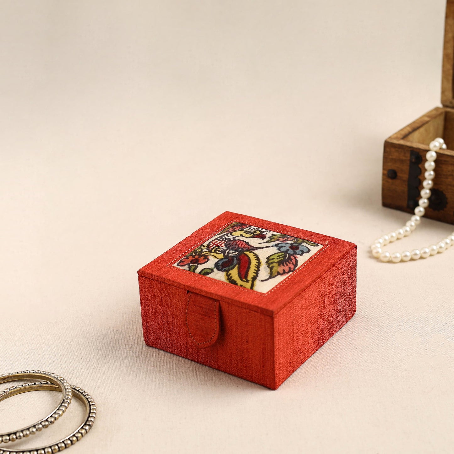 Orange Kalamkari Handpainted Ghicha Silk Bangle Box (Small)